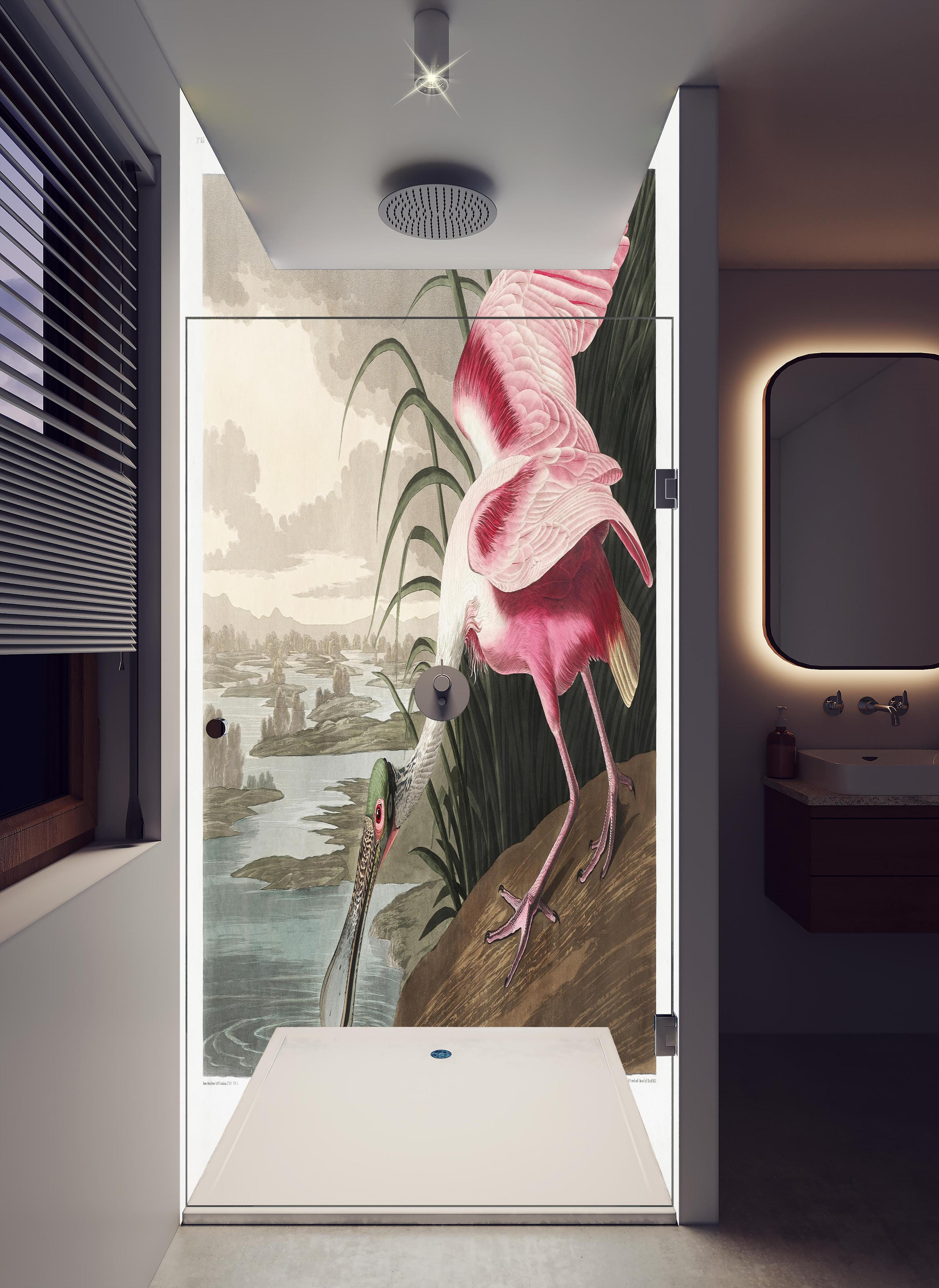 Duschrückwand - Rosalöffler in hellem Badezimmer mit Regenduschkopf - zweiteilige Eck-Duschrückwand