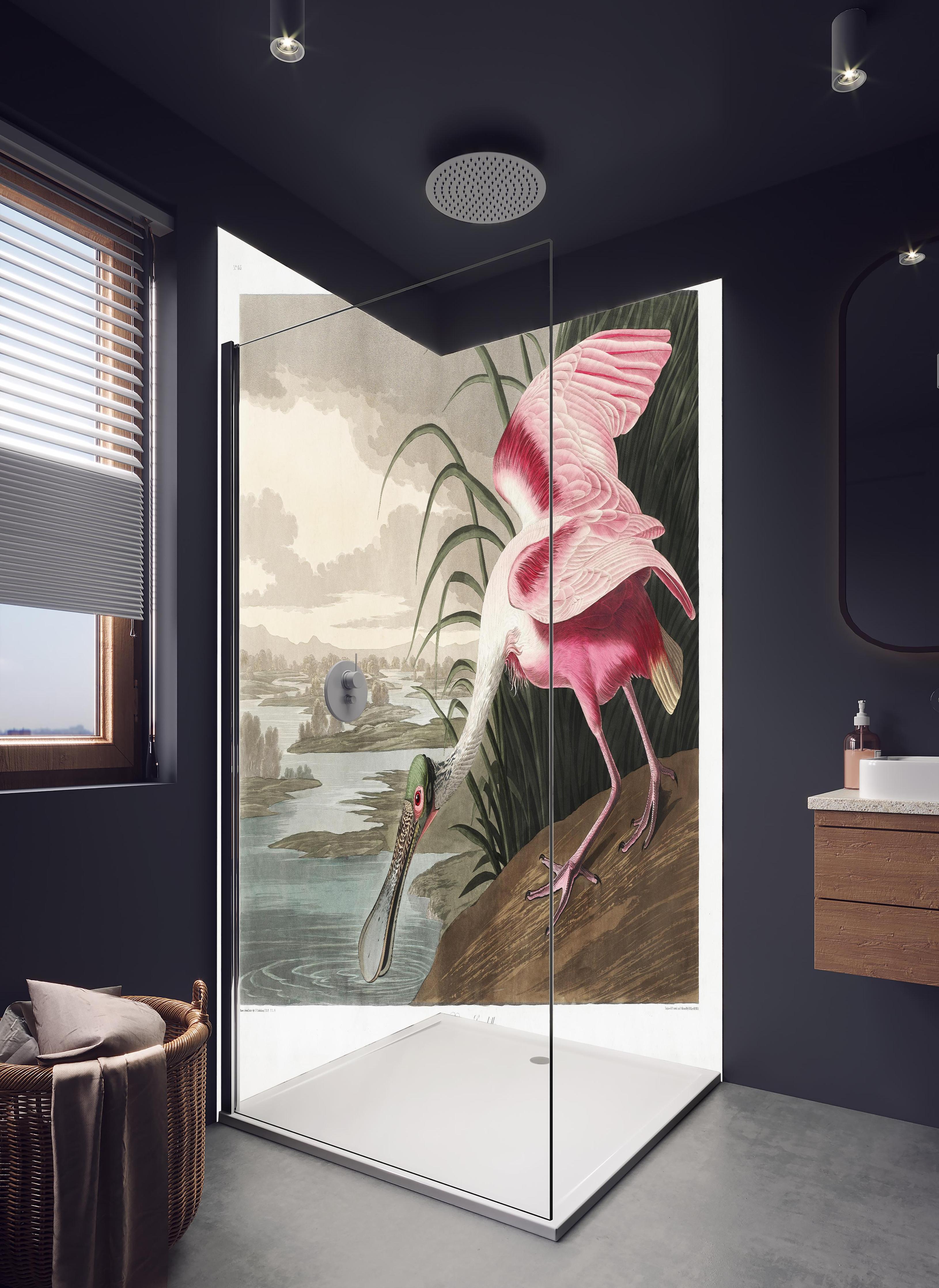 Duschrückwand - Rosalöffler in hellem Badezimmer mit Regenduschkopf - zweiteilige Eck-Duschrückwand