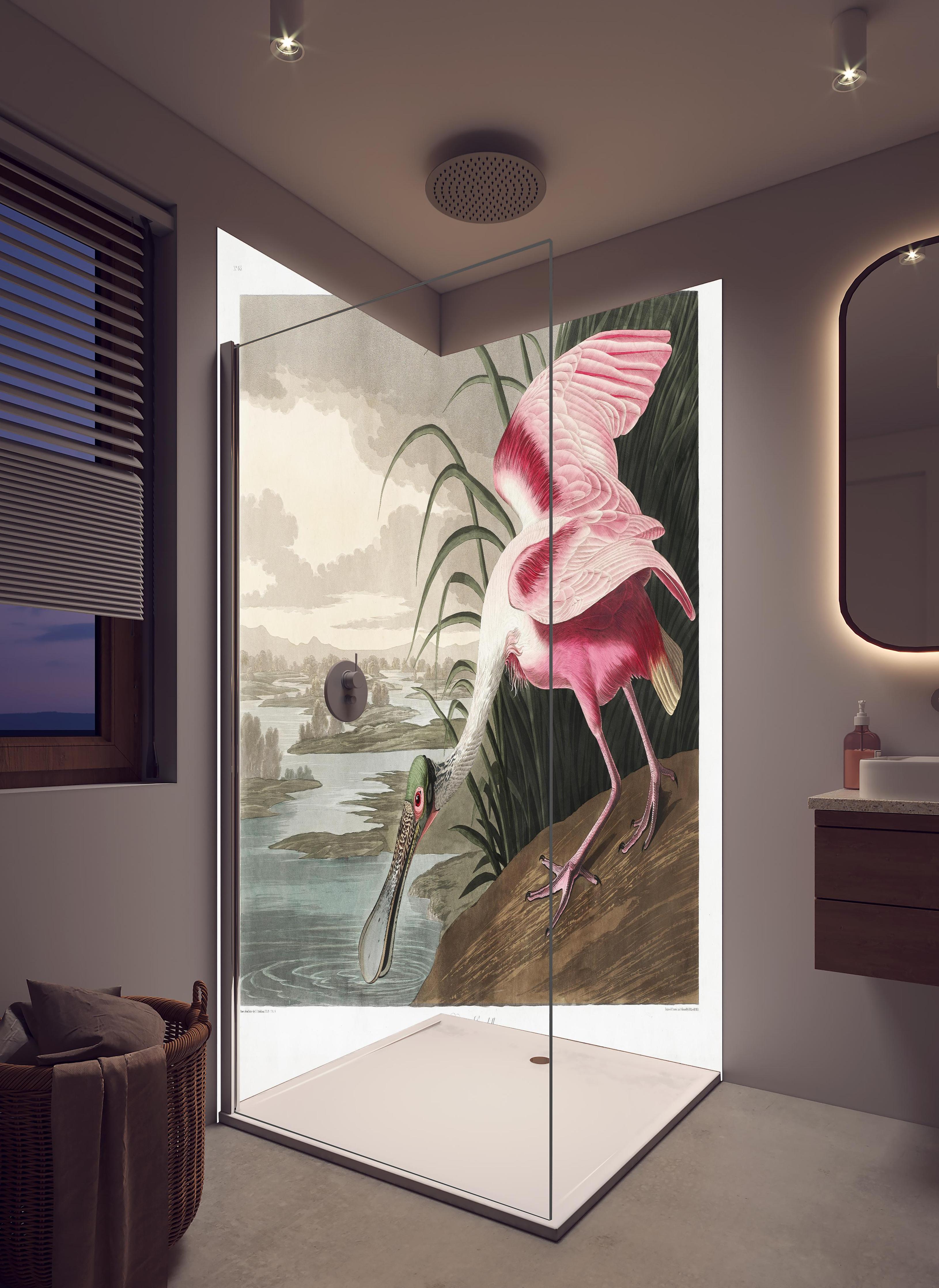 Duschrückwand - Rosalöffler in hellem Badezimmer mit Regenduschkopf - zweiteilige Eck-Duschrückwand