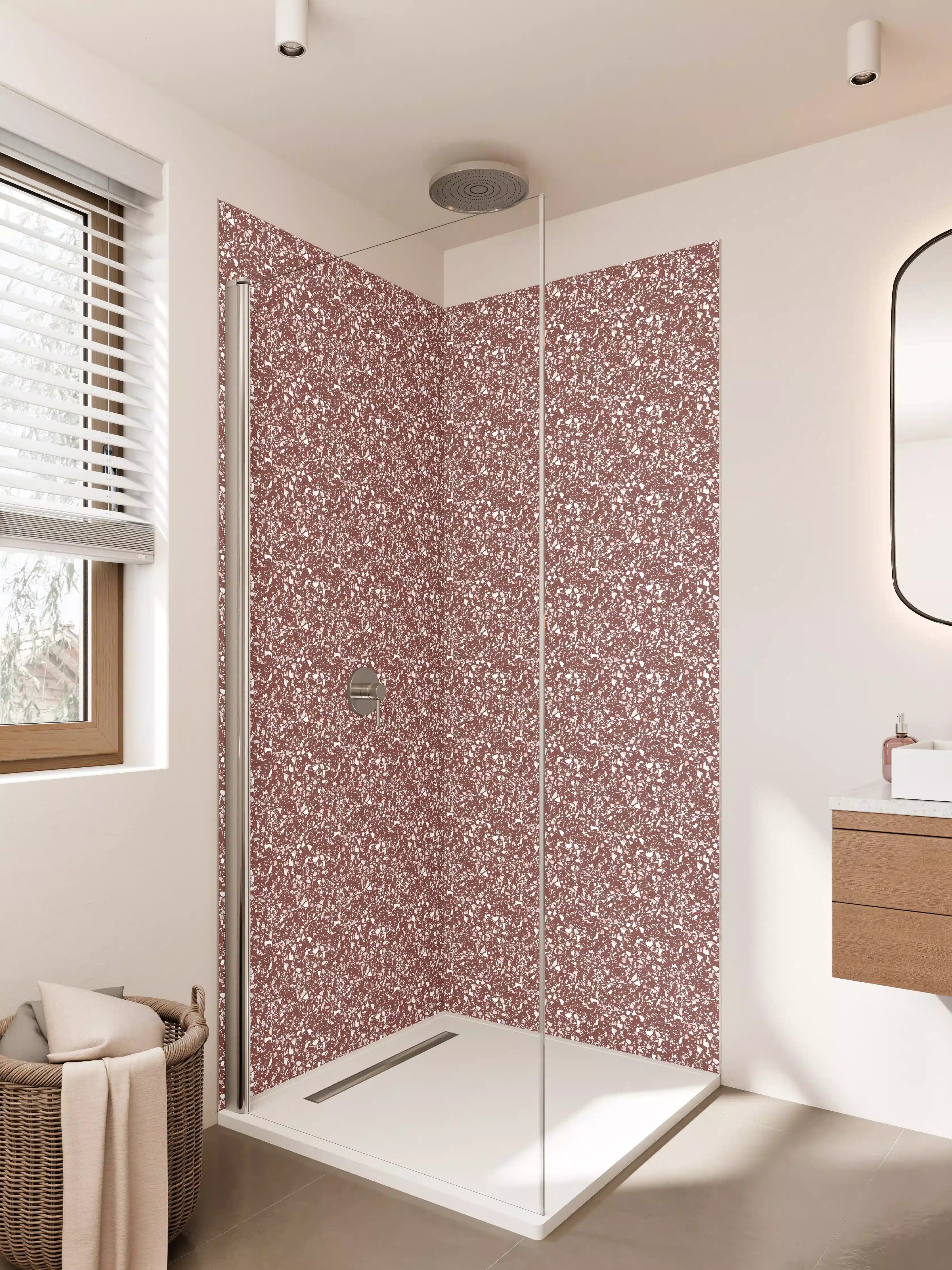 Duschrückwand - Roségoldene Glitzertapete mit Funkel-Charme