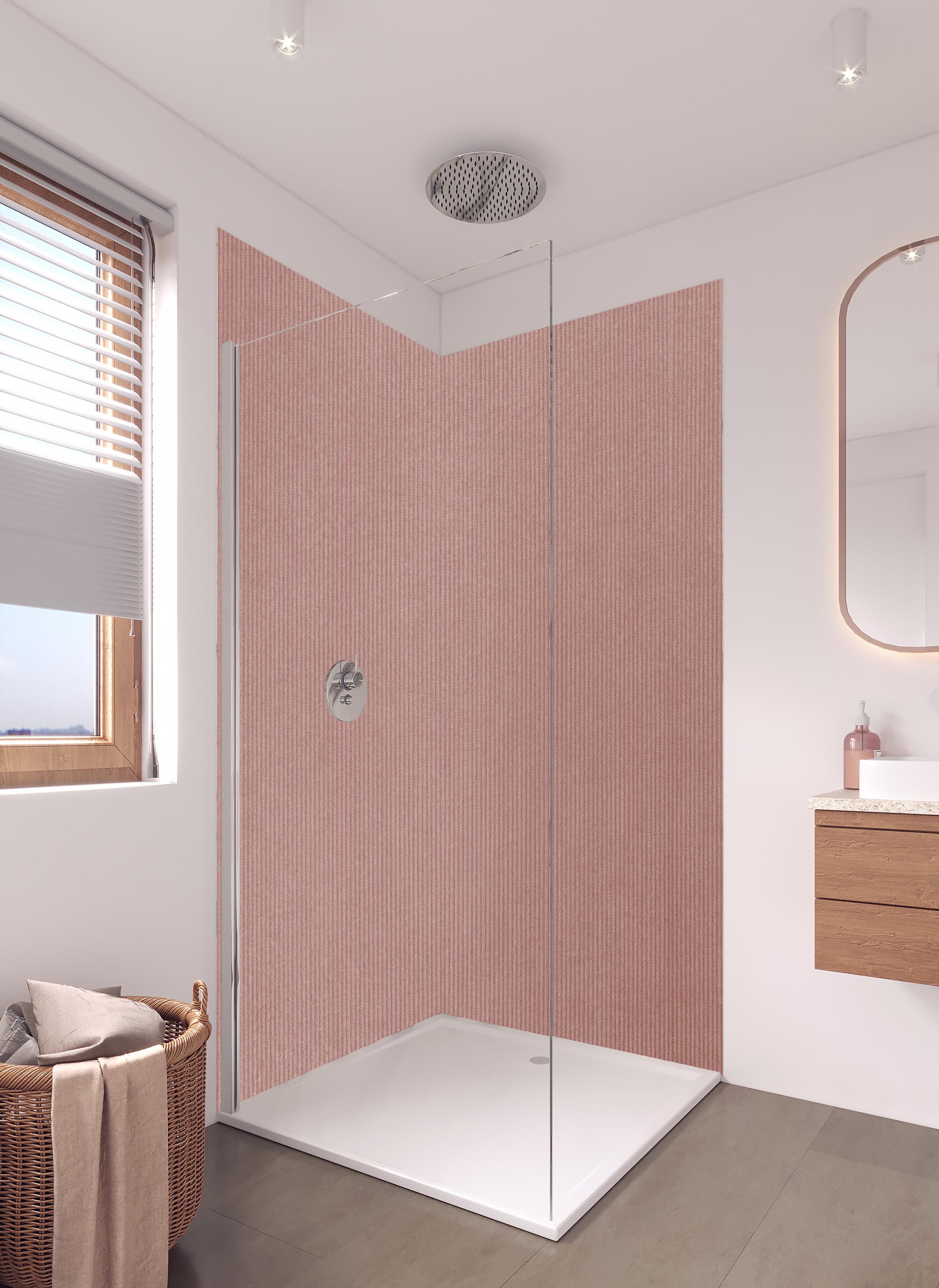 Duschrückwand - Rotbraunes Kord Textil in hellem Badezimmer mit Regenduschkopf - zweiteilige Eck-Duschrückwand