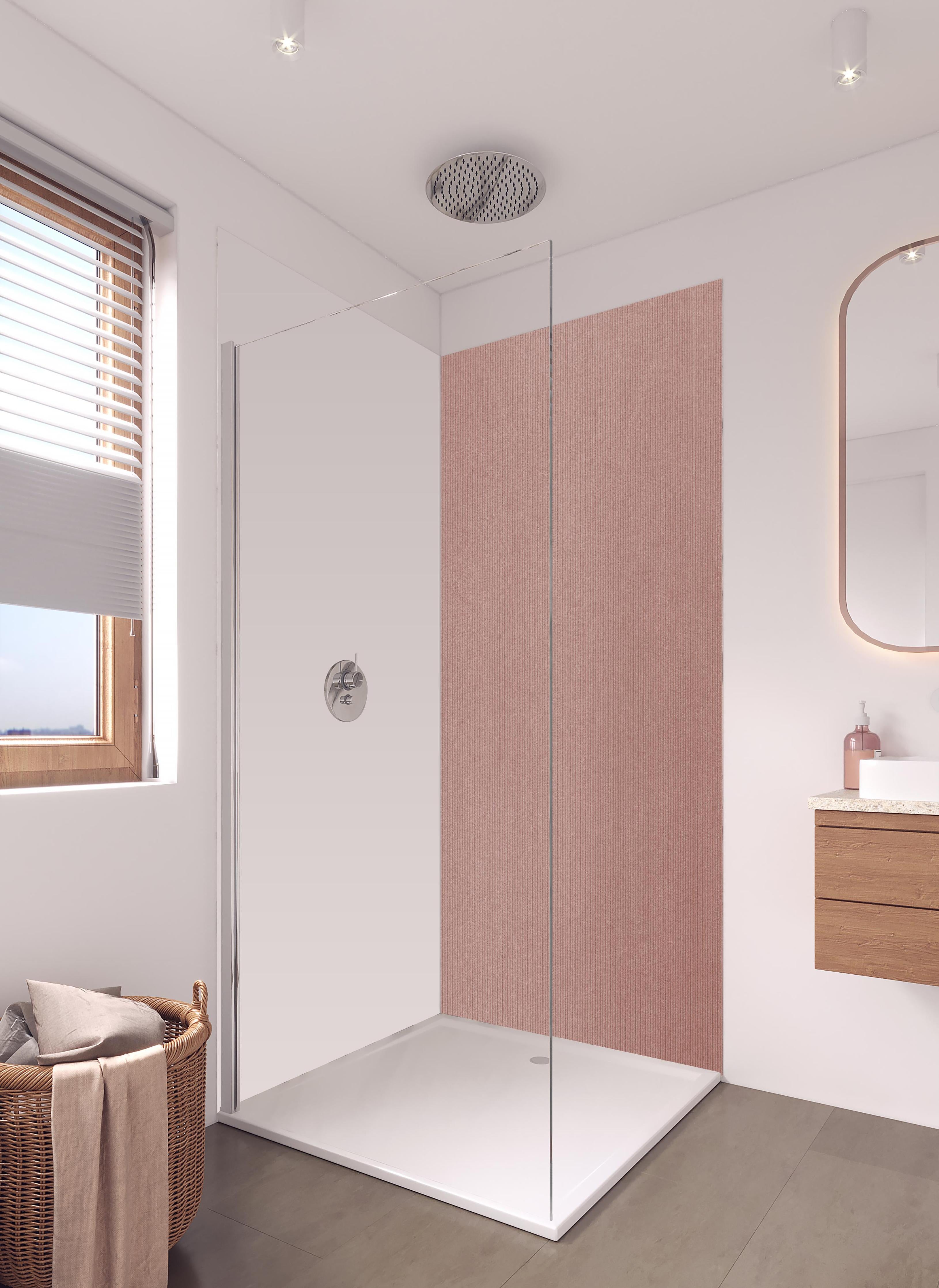 Duschrückwand - Rotbraunes Kord Textil in hellem Badezimmer mit Regenduschkopf - zweiteilige Eck-Duschrückwand