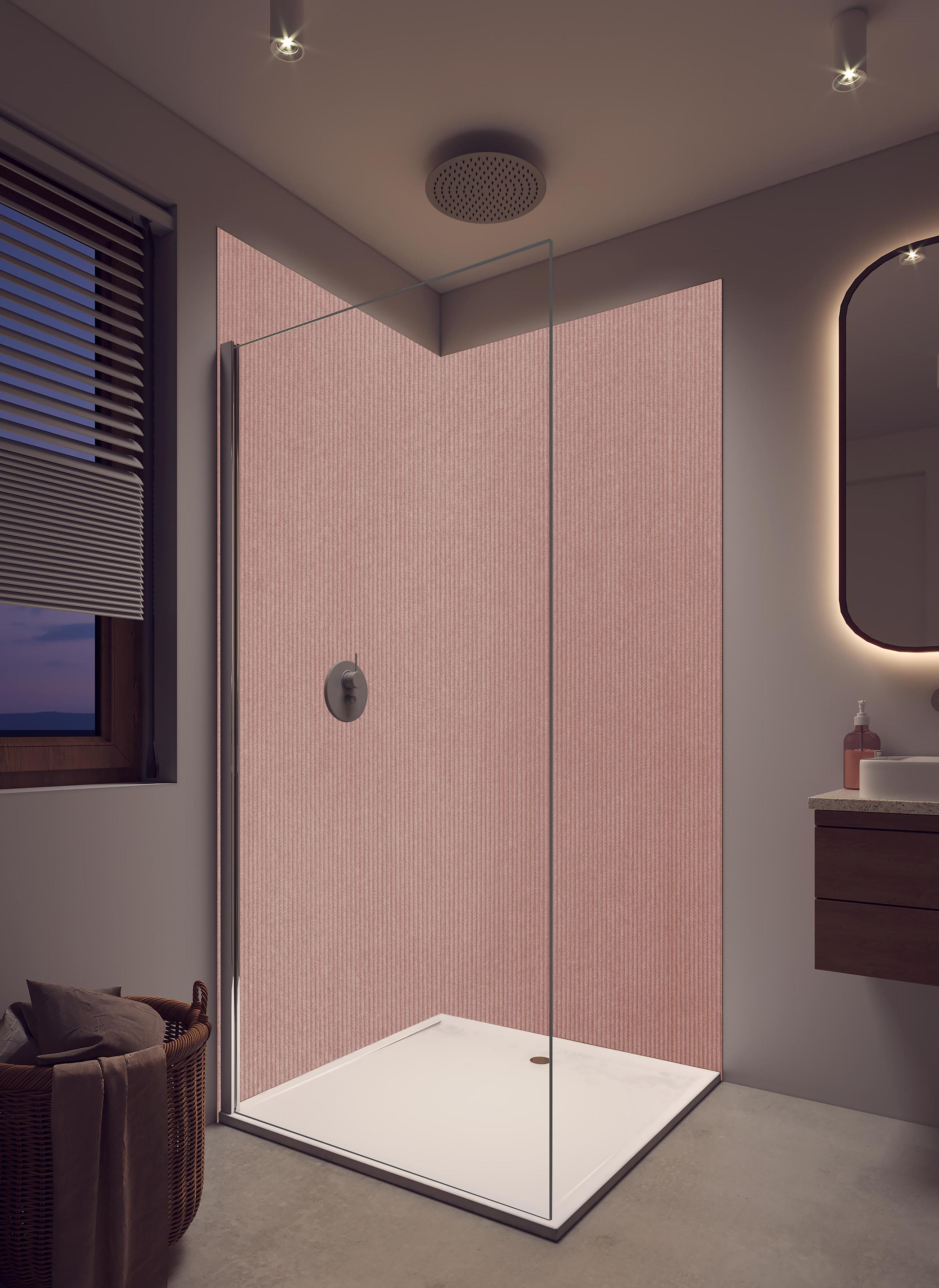 Duschrückwand - Rotbraunes Kord Textil in hellem Badezimmer mit Regenduschkopf - zweiteilige Eck-Duschrückwand