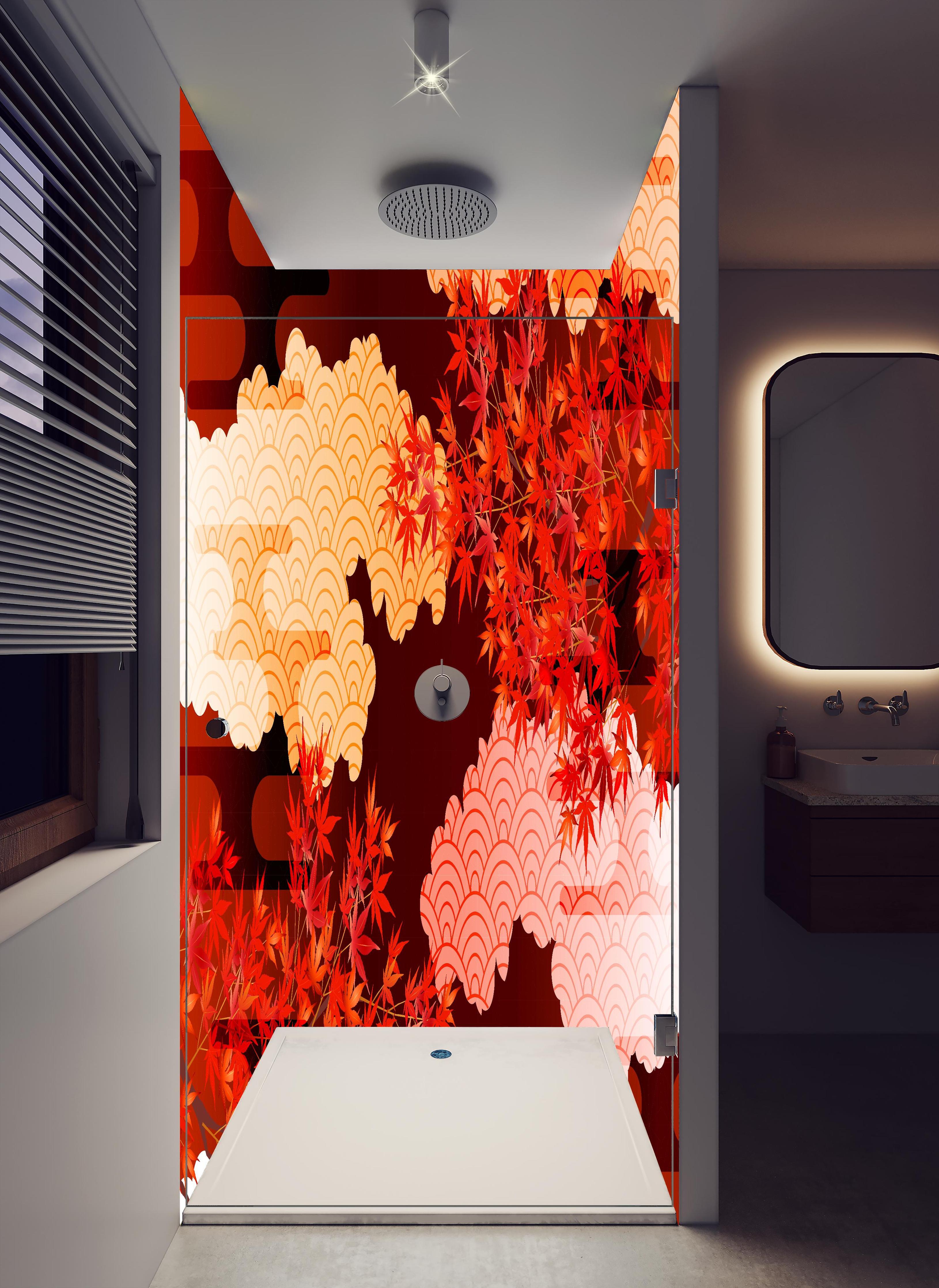 Duschrückwand - Rote Ahornblätter mit Wolkenmuster in hellem Badezimmer mit Regenduschkopf - zweiteilige Eck-Duschrückwand