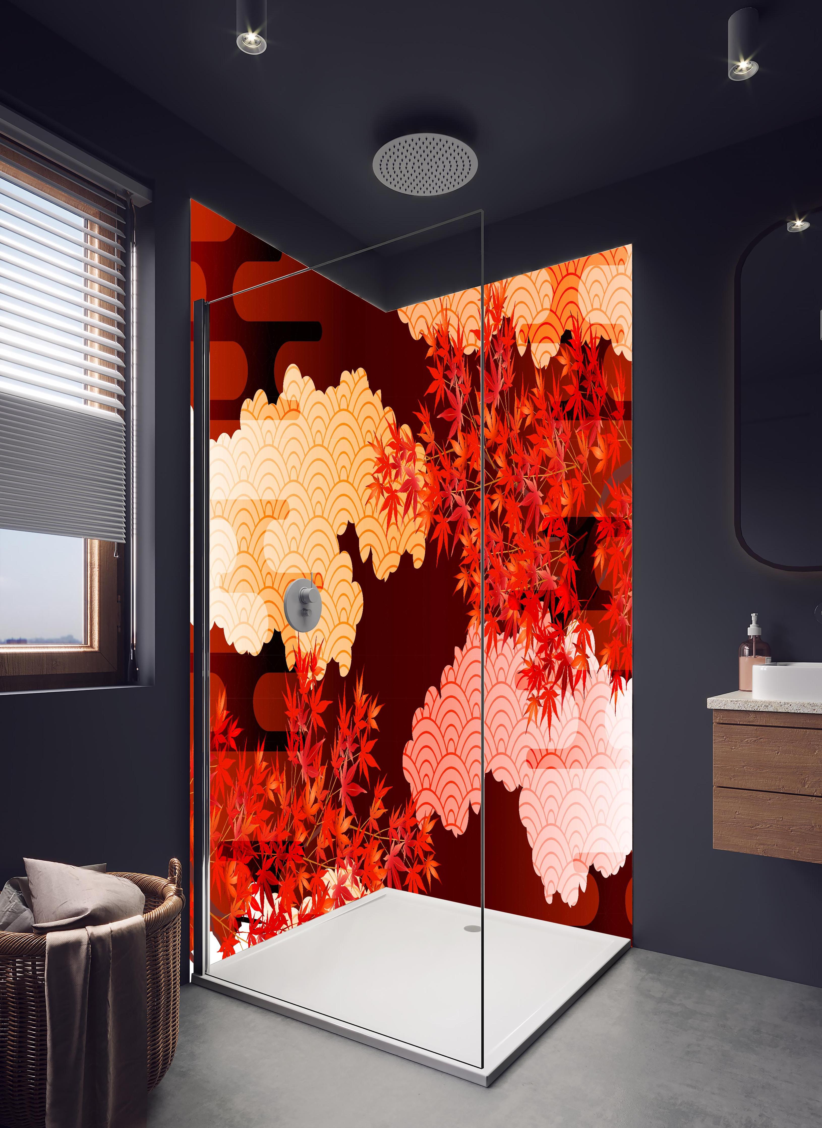 Duschrückwand - Rote Ahornblätter mit Wolkenmuster in hellem Badezimmer mit Regenduschkopf - zweiteilige Eck-Duschrückwand