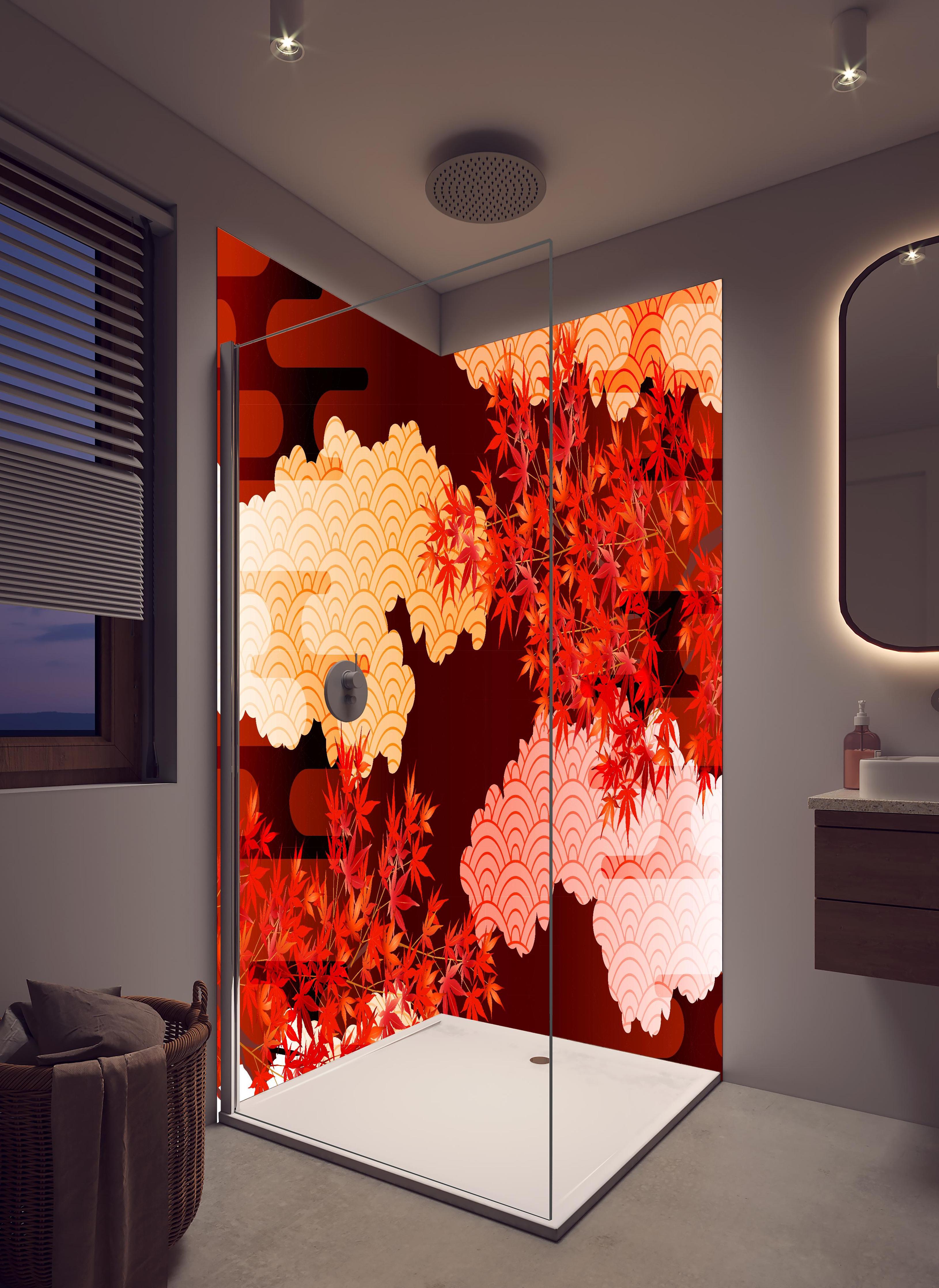 Duschrückwand - Rote Ahornblätter mit Wolkenmuster in hellem Badezimmer mit Regenduschkopf - zweiteilige Eck-Duschrückwand