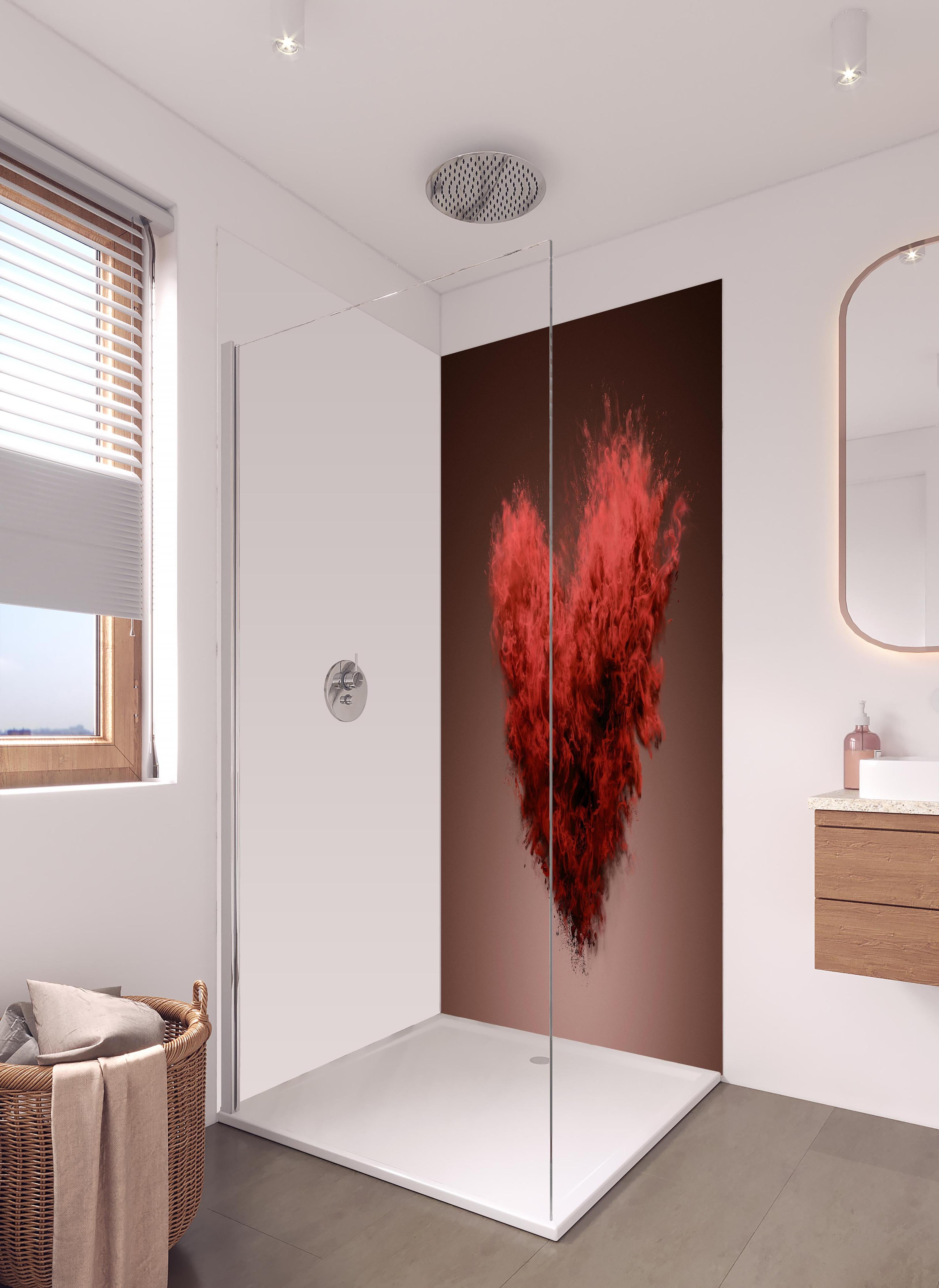 Duschrückwand - Rote Herz-Farbexplosion in hellem Badezimmer mit Regenduschkopf - zweiteilige Eck-Duschrückwand