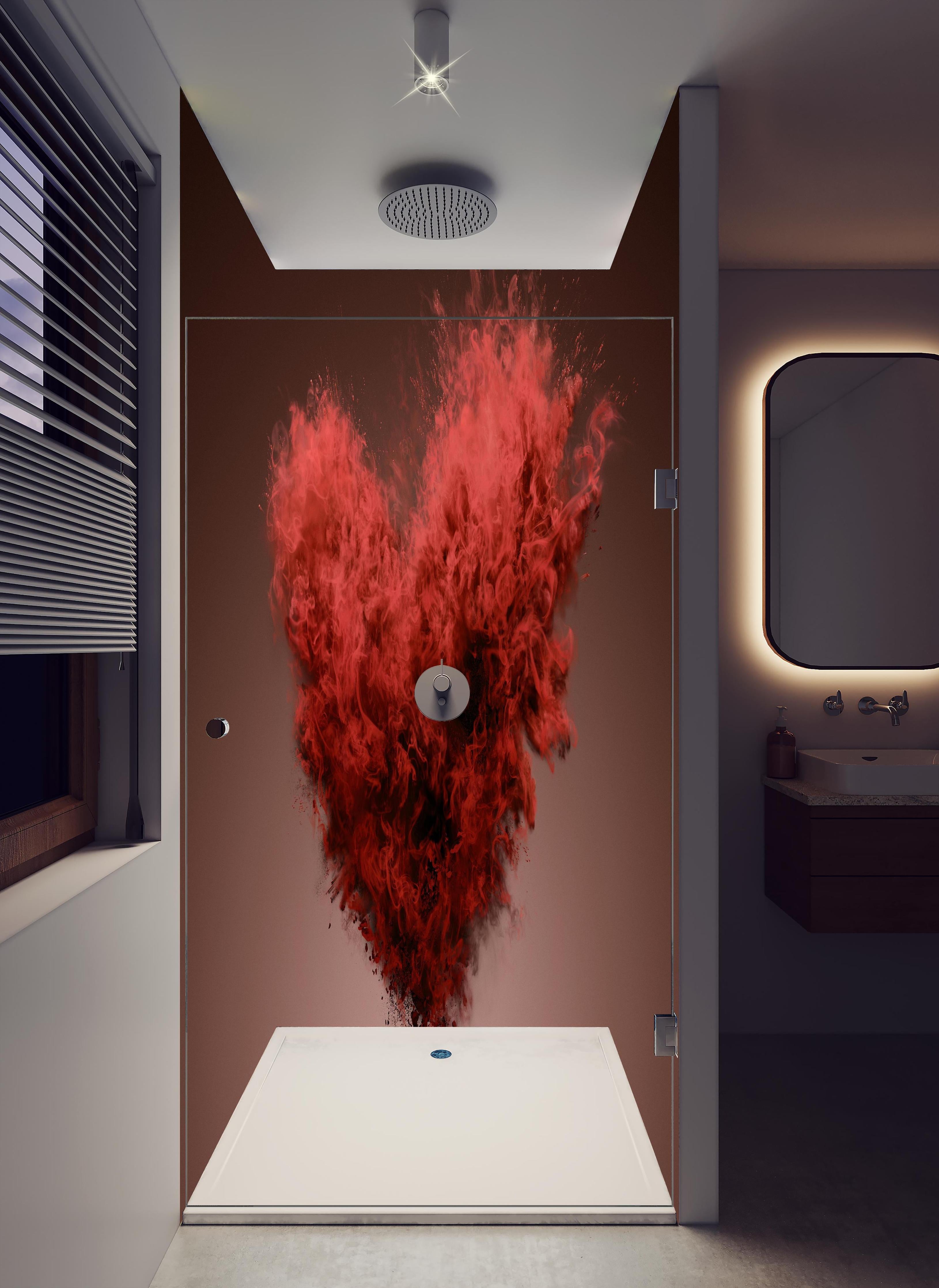 Duschrückwand - Rote Herz-Farbexplosion in hellem Badezimmer mit Regenduschkopf - zweiteilige Eck-Duschrückwand