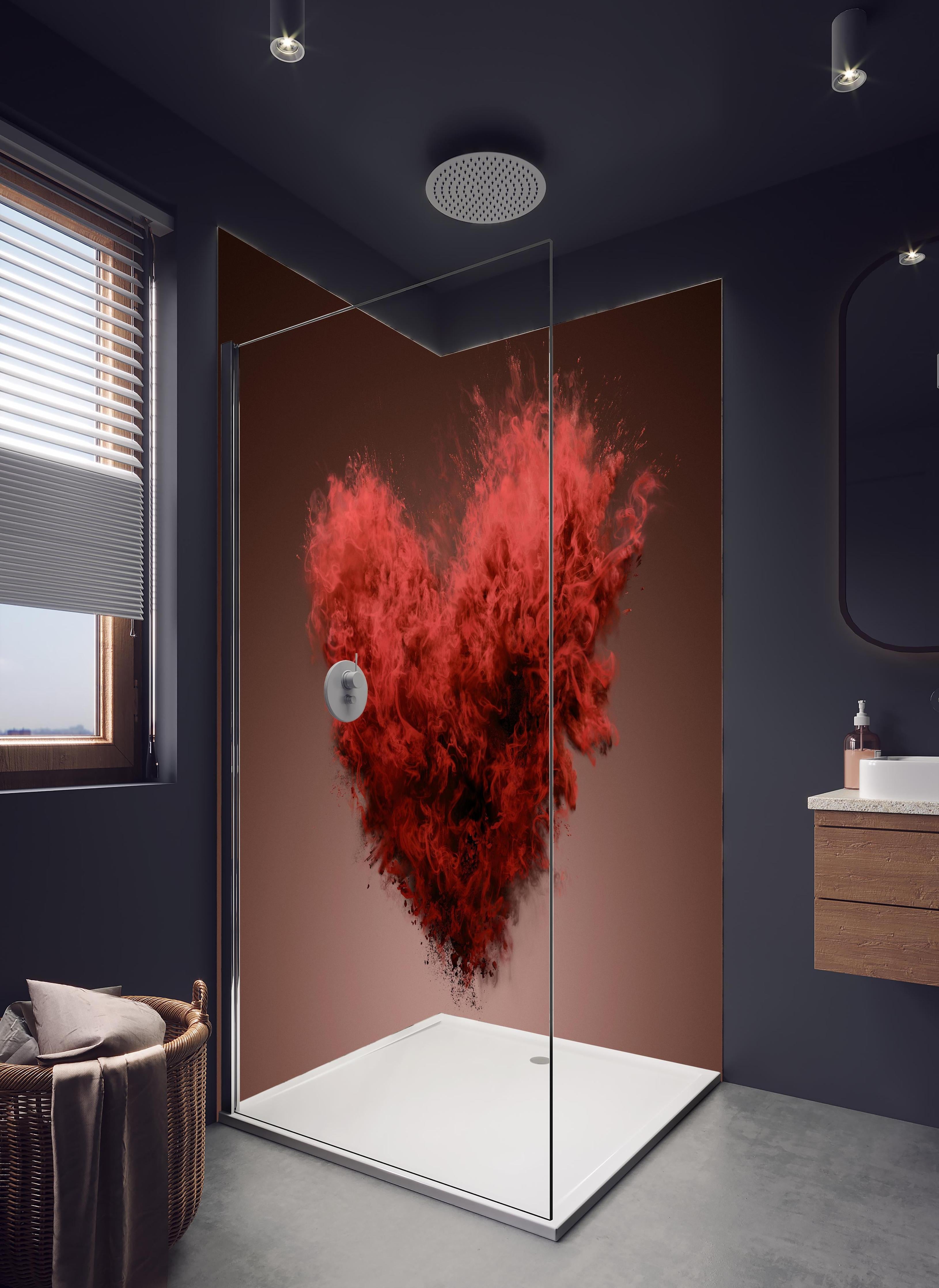 Duschrückwand - Rote Herz-Farbexplosion in hellem Badezimmer mit Regenduschkopf - zweiteilige Eck-Duschrückwand