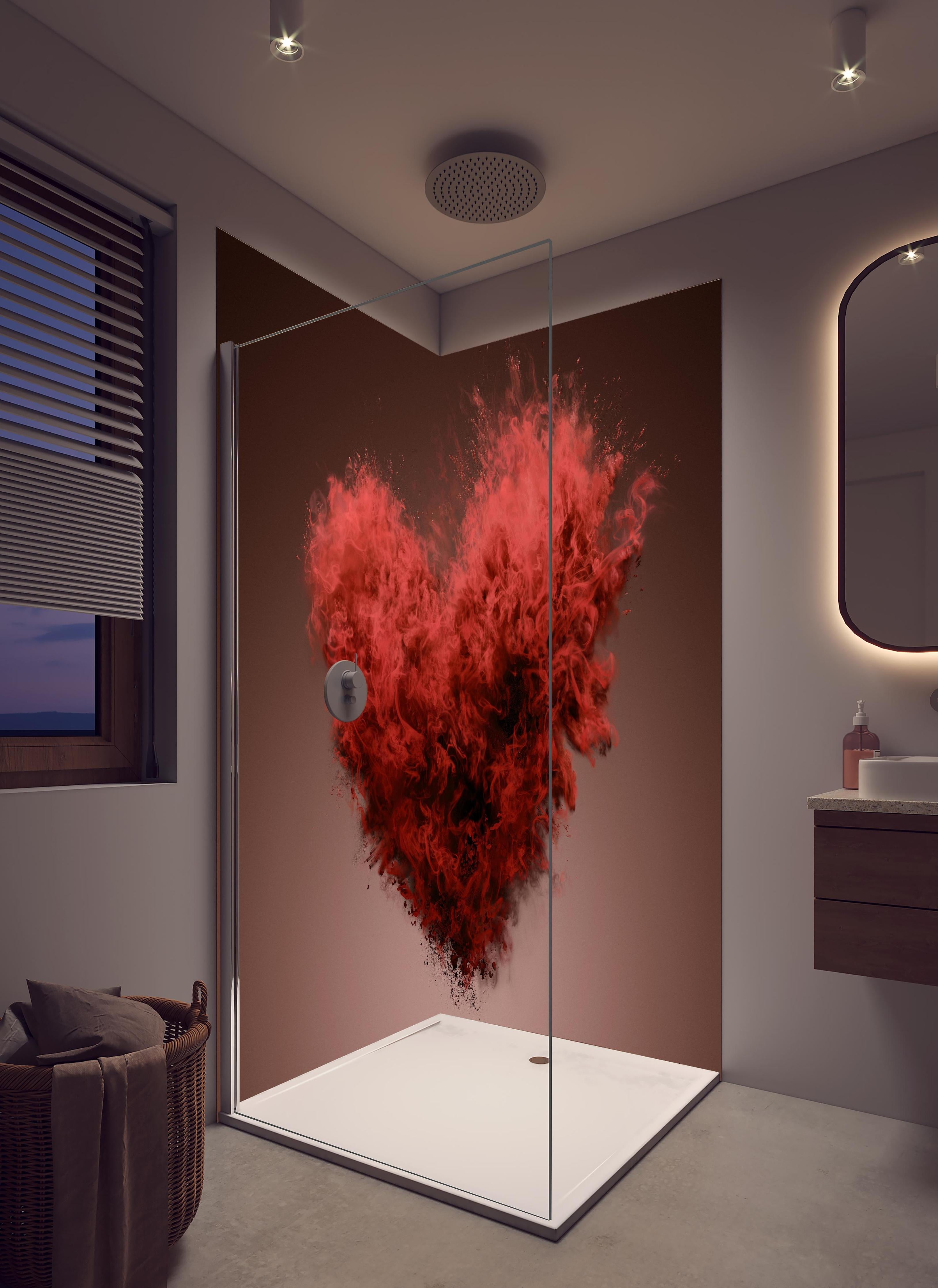 Duschrückwand - Rote Herz-Farbexplosion in hellem Badezimmer mit Regenduschkopf - zweiteilige Eck-Duschrückwand