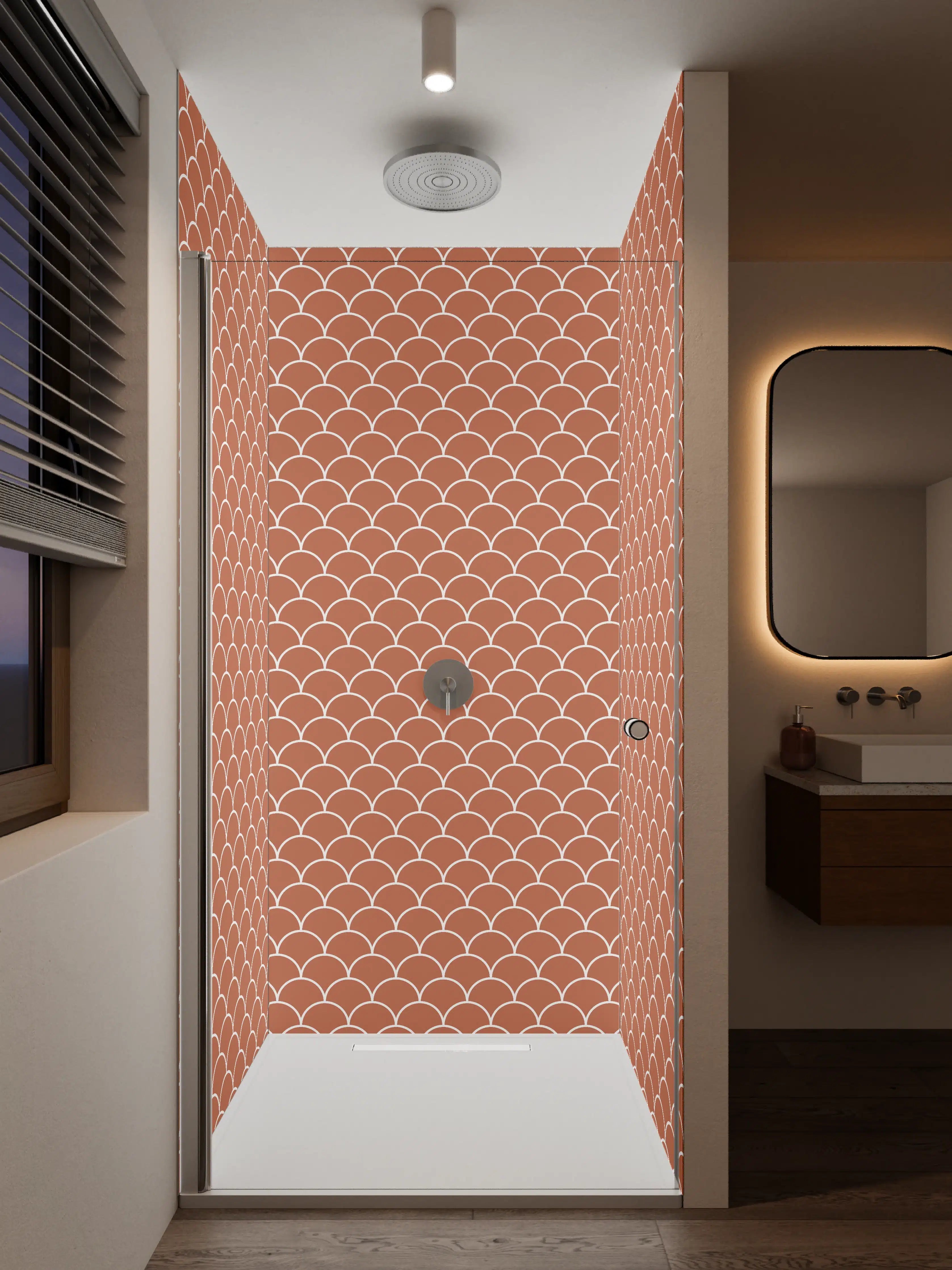 Duschrückwand - Rote Skaterschuppen mit weißen Konturen