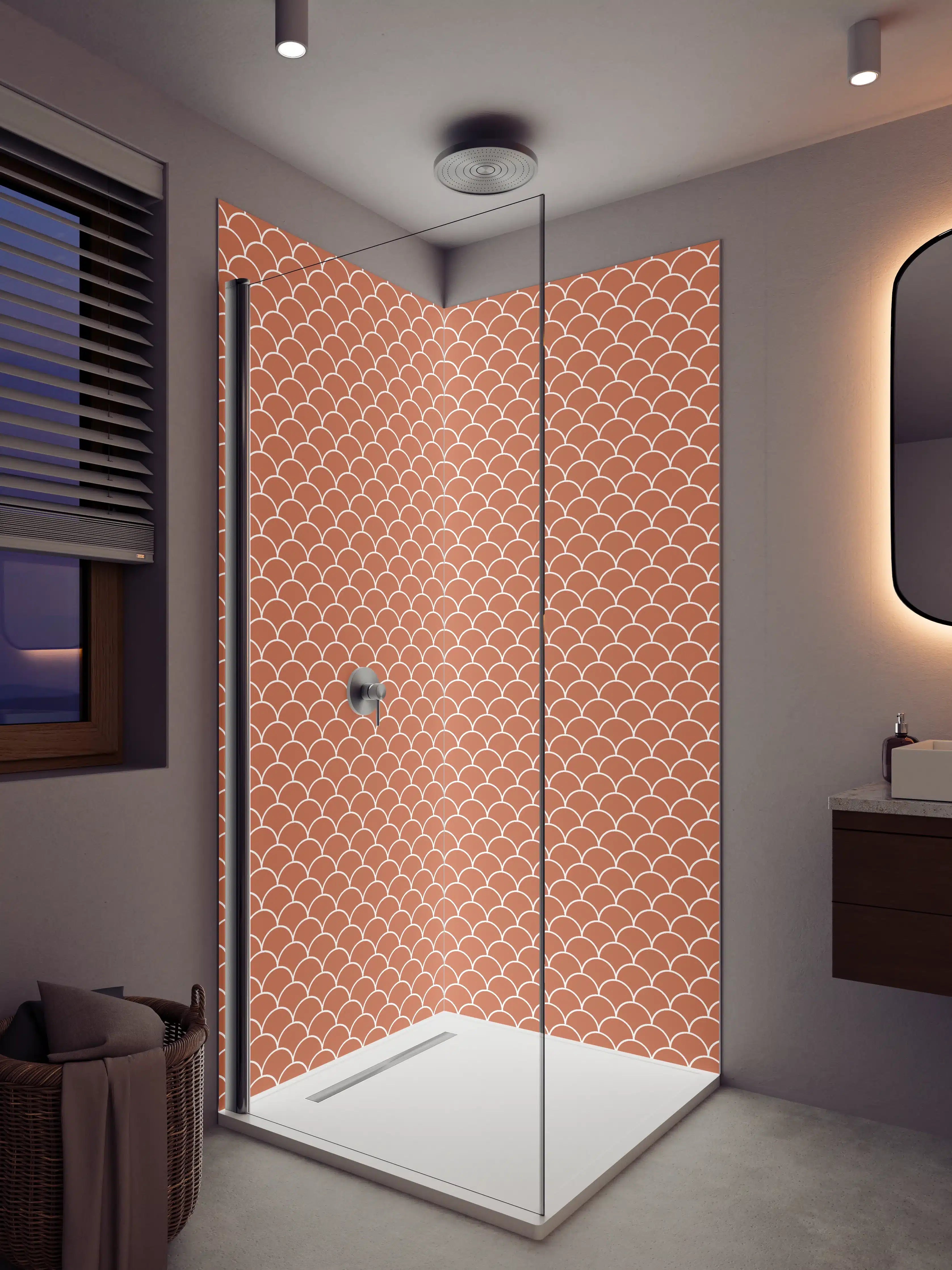 Duschrückwand - Rote Skaterschuppen mit weißen Konturen