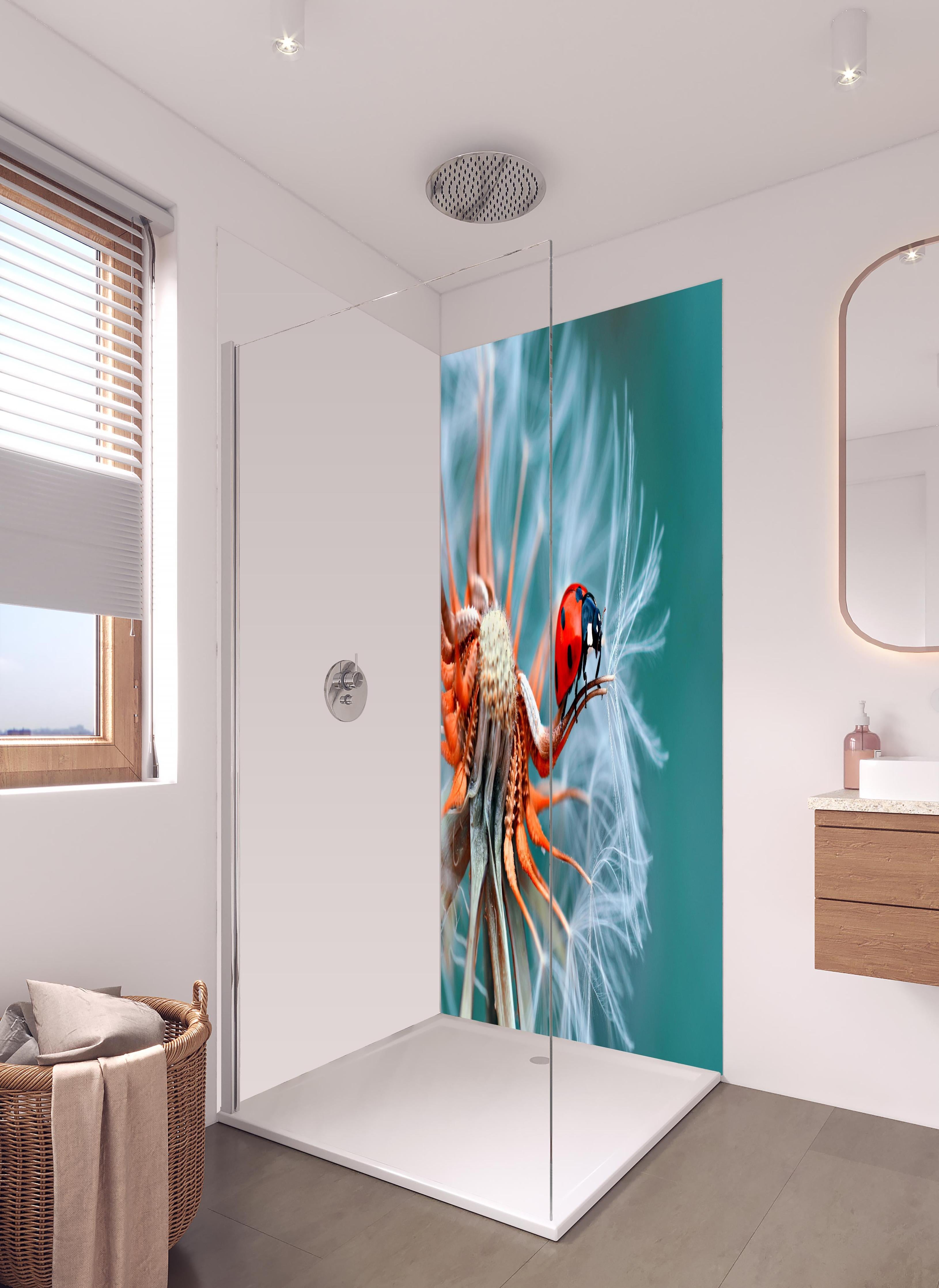 Duschrückwand - Roter Marienkäfer auf weißer Pusteblume in hellem Badezimmer mit Regenduschkopf - zweiteilige Eck-Duschrückwand