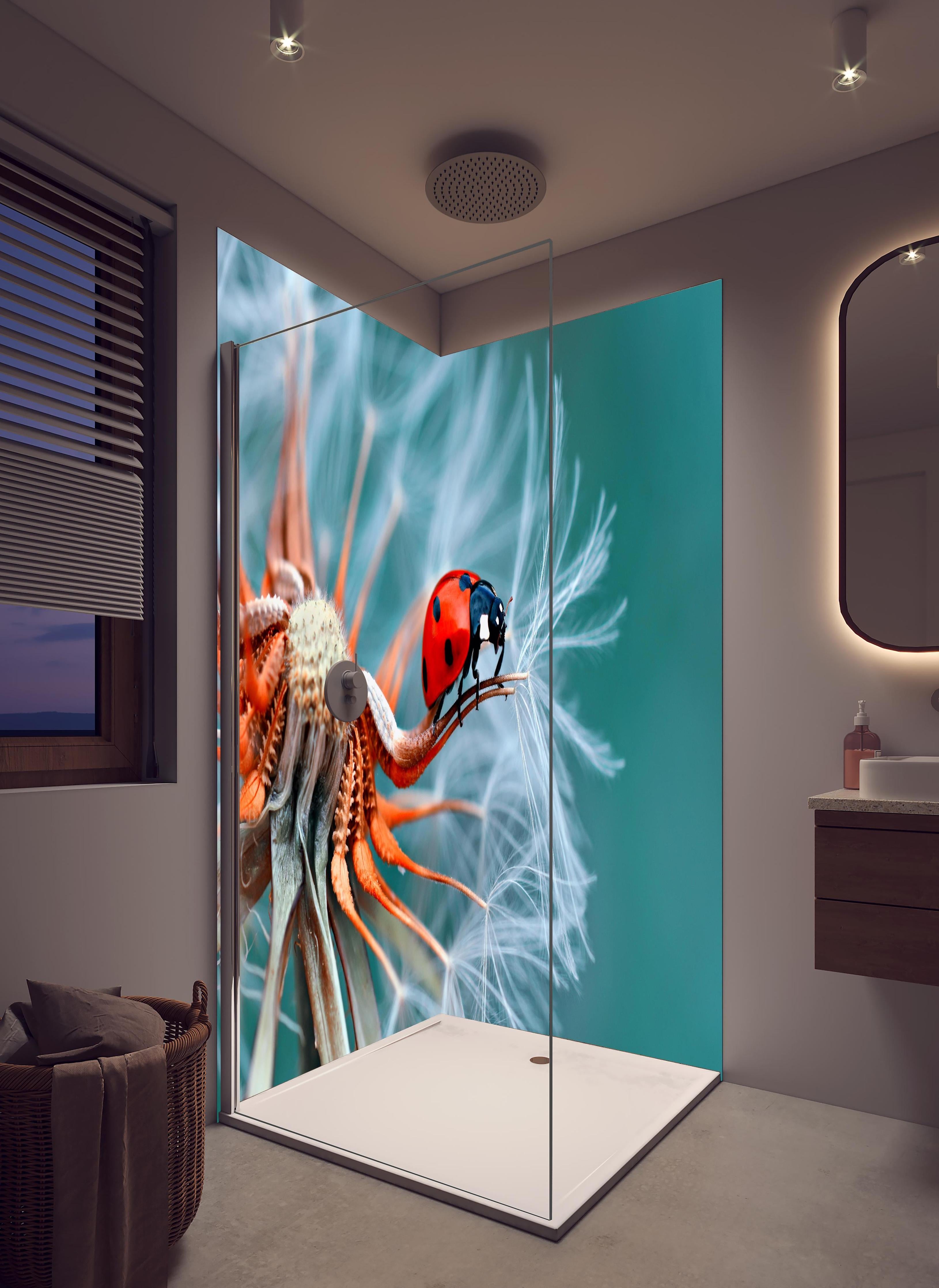 Duschrückwand - Roter Marienkäfer auf weißer Pusteblume in hellem Badezimmer mit Regenduschkopf - zweiteilige Eck-Duschrückwand