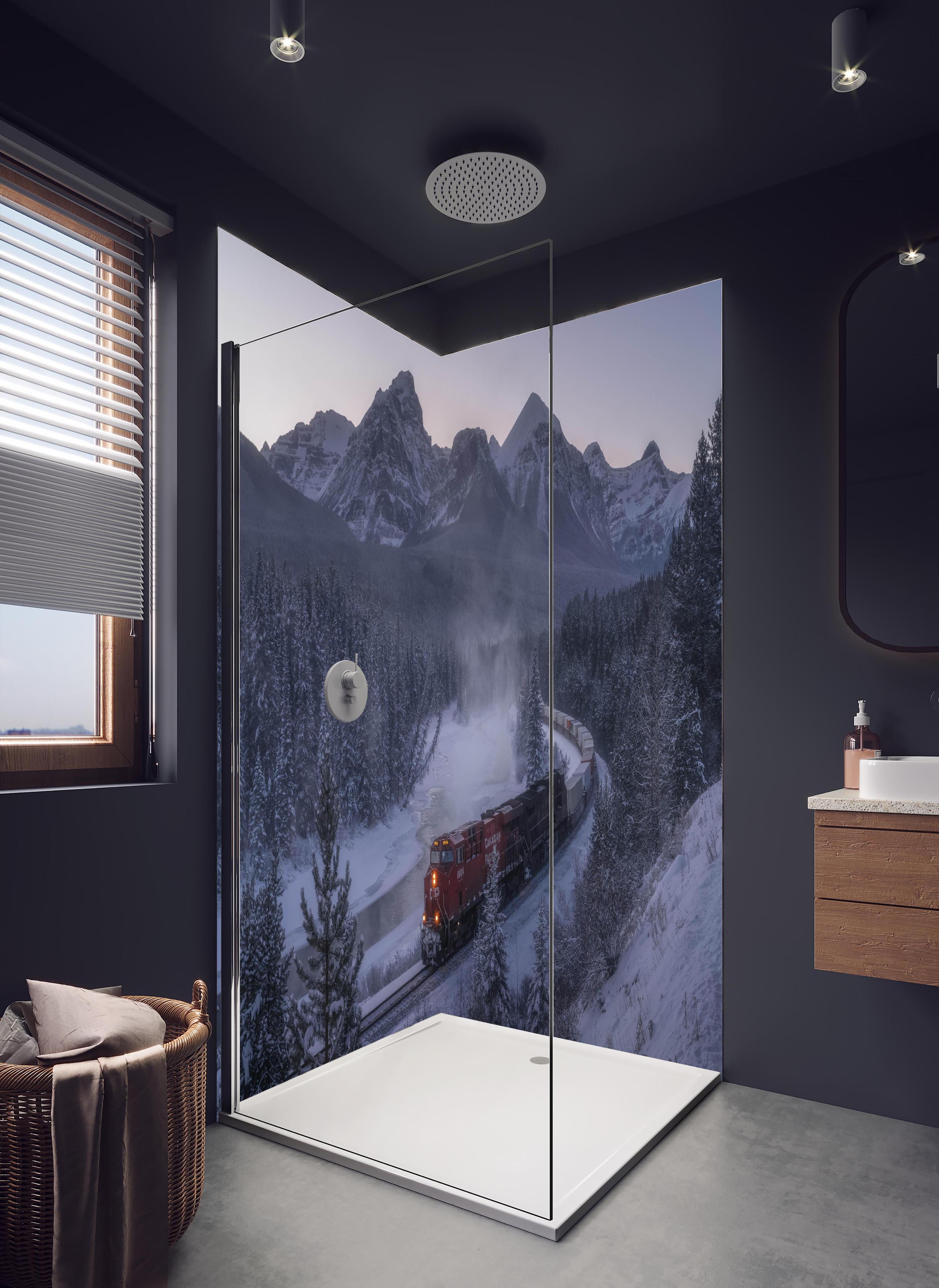 Duschrückwand - Roter Zug fährt durch verschneite Berglandschaft in hellem Badezimmer mit Regenduschkopf - zweiteilige Eck-Duschrückwand