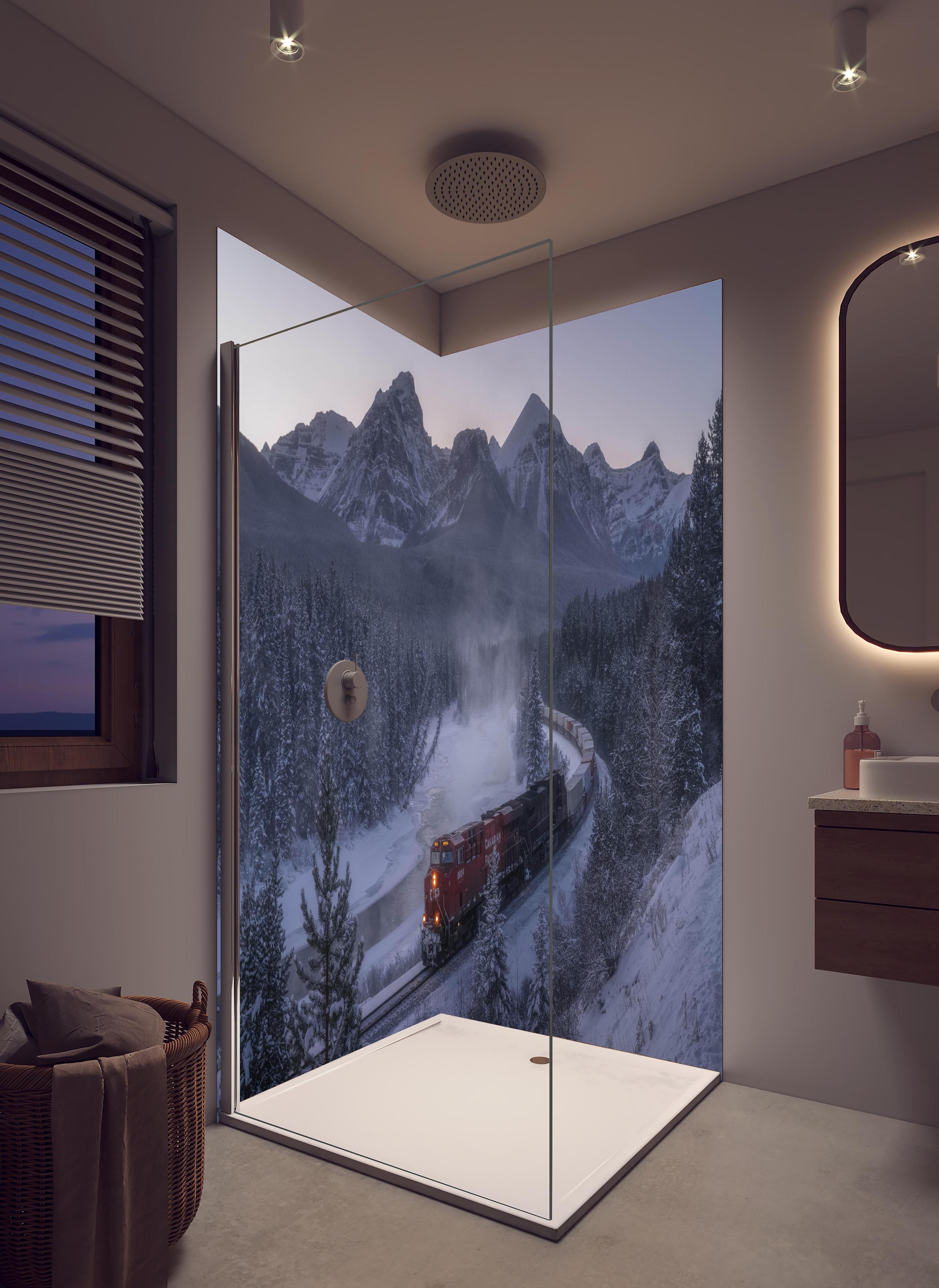 Duschrückwand - Roter Zug fährt durch verschneite Berglandschaft in hellem Badezimmer mit Regenduschkopf - zweiteilige Eck-Duschrückwand