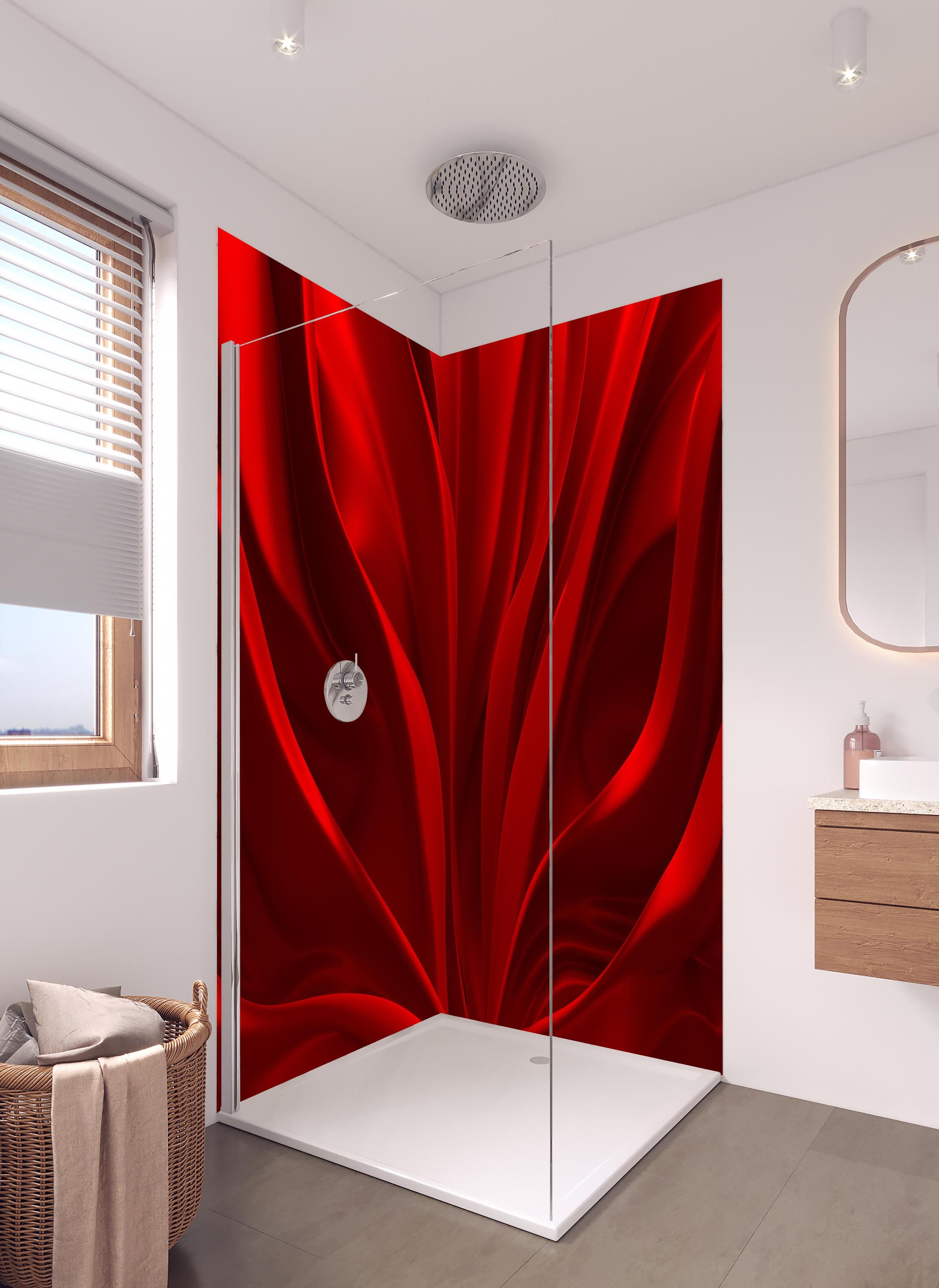 Duschrückwand - Rotes Wellen Muster in hellem Badezimmer mit Regenduschkopf - zweiteilige Eck-Duschrückwand