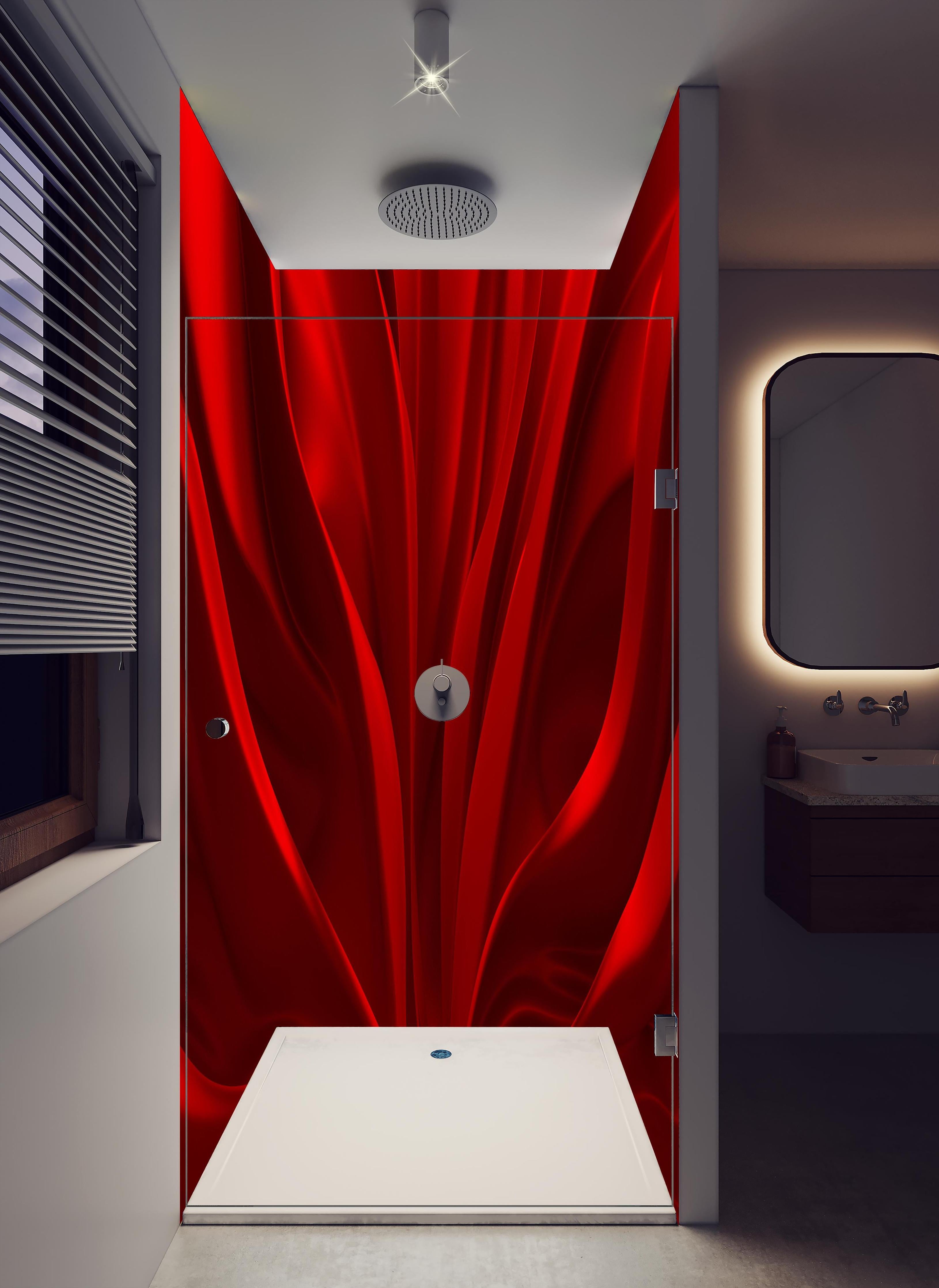 Duschrückwand - Rotes Wellen Muster in hellem Badezimmer mit Regenduschkopf - zweiteilige Eck-Duschrückwand