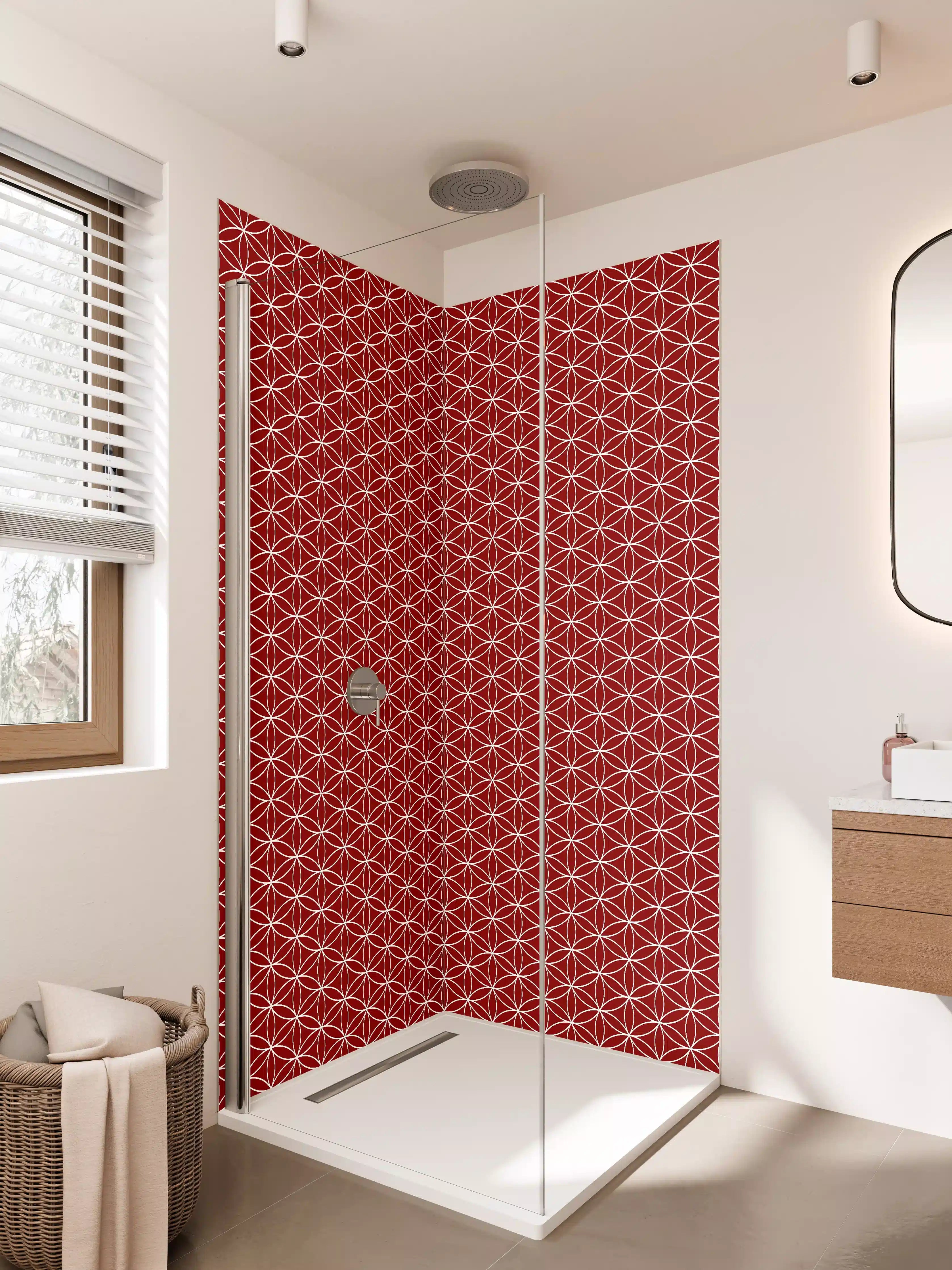 Duschrückwand - Rotes geometrisches Muster mit weißen Linien