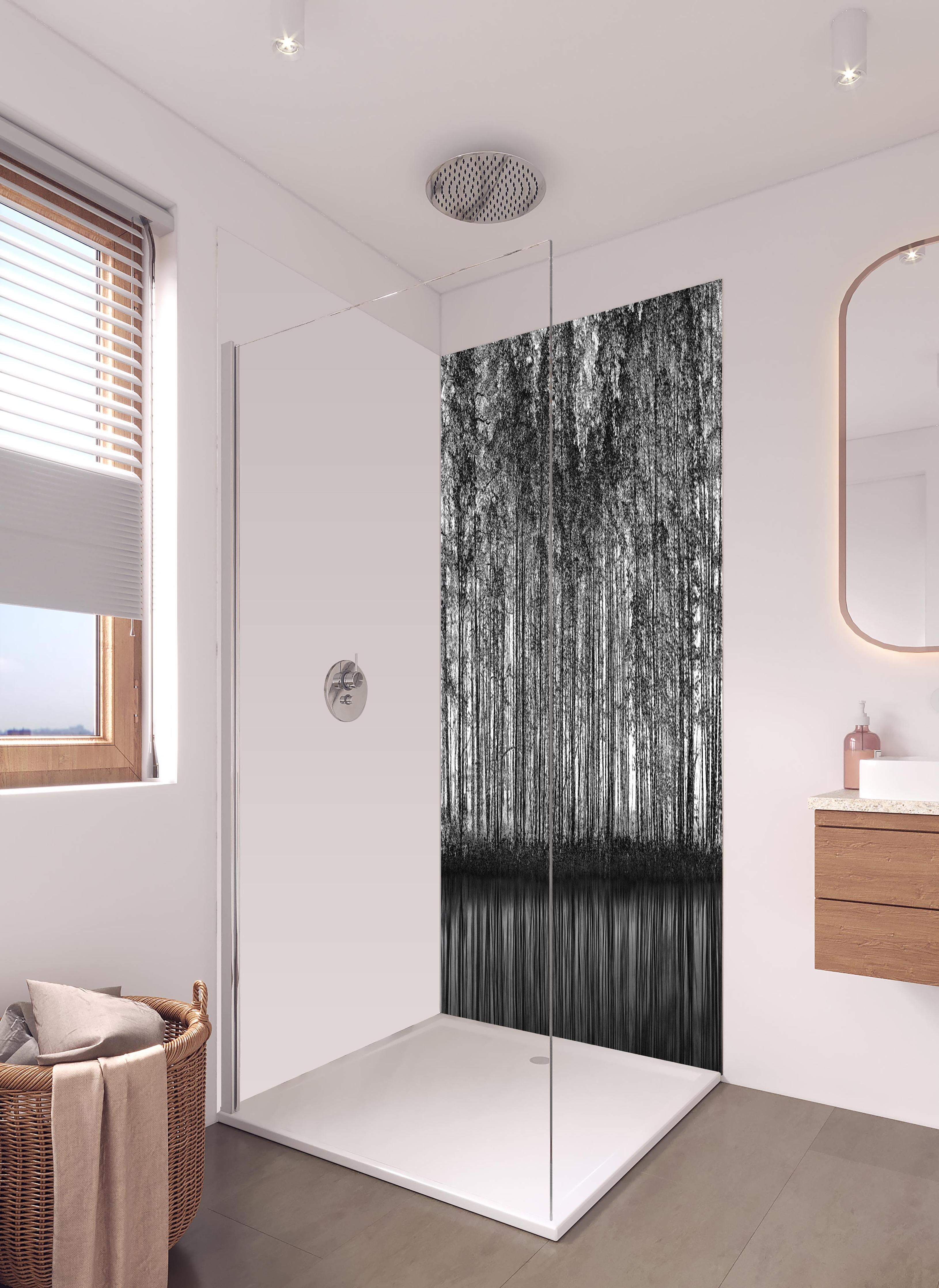 Duschrückwand - Ruhiger Wald - Wasser Reflektion in hellem Badezimmer mit Regenduschkopf - zweiteilige Eck-Duschrückwand