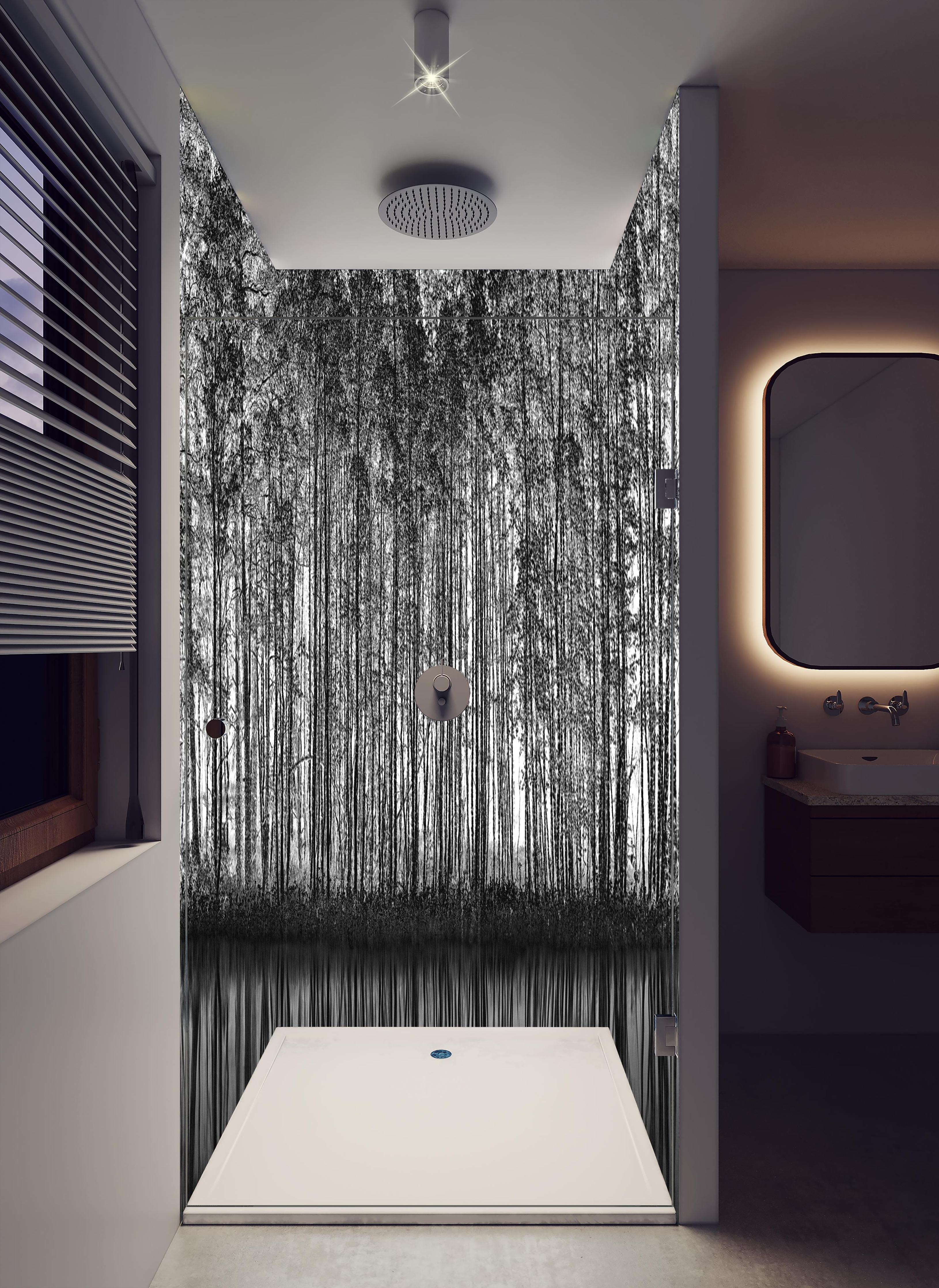 Duschrückwand - Ruhiger Wald - Wasser Reflektion in hellem Badezimmer mit Regenduschkopf - zweiteilige Eck-Duschrückwand