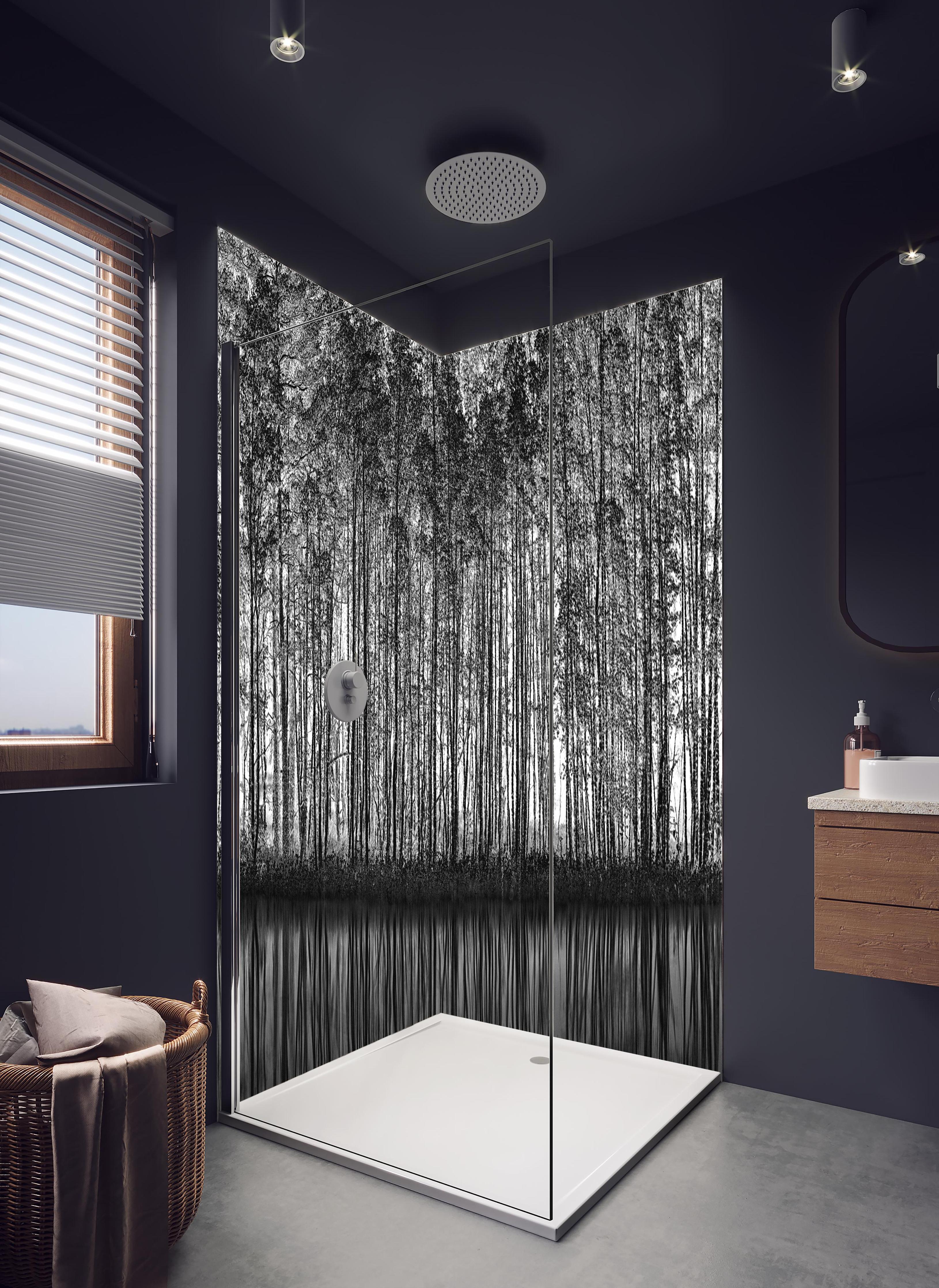 Duschrückwand - Ruhiger Wald - Wasser Reflektion in hellem Badezimmer mit Regenduschkopf - zweiteilige Eck-Duschrückwand