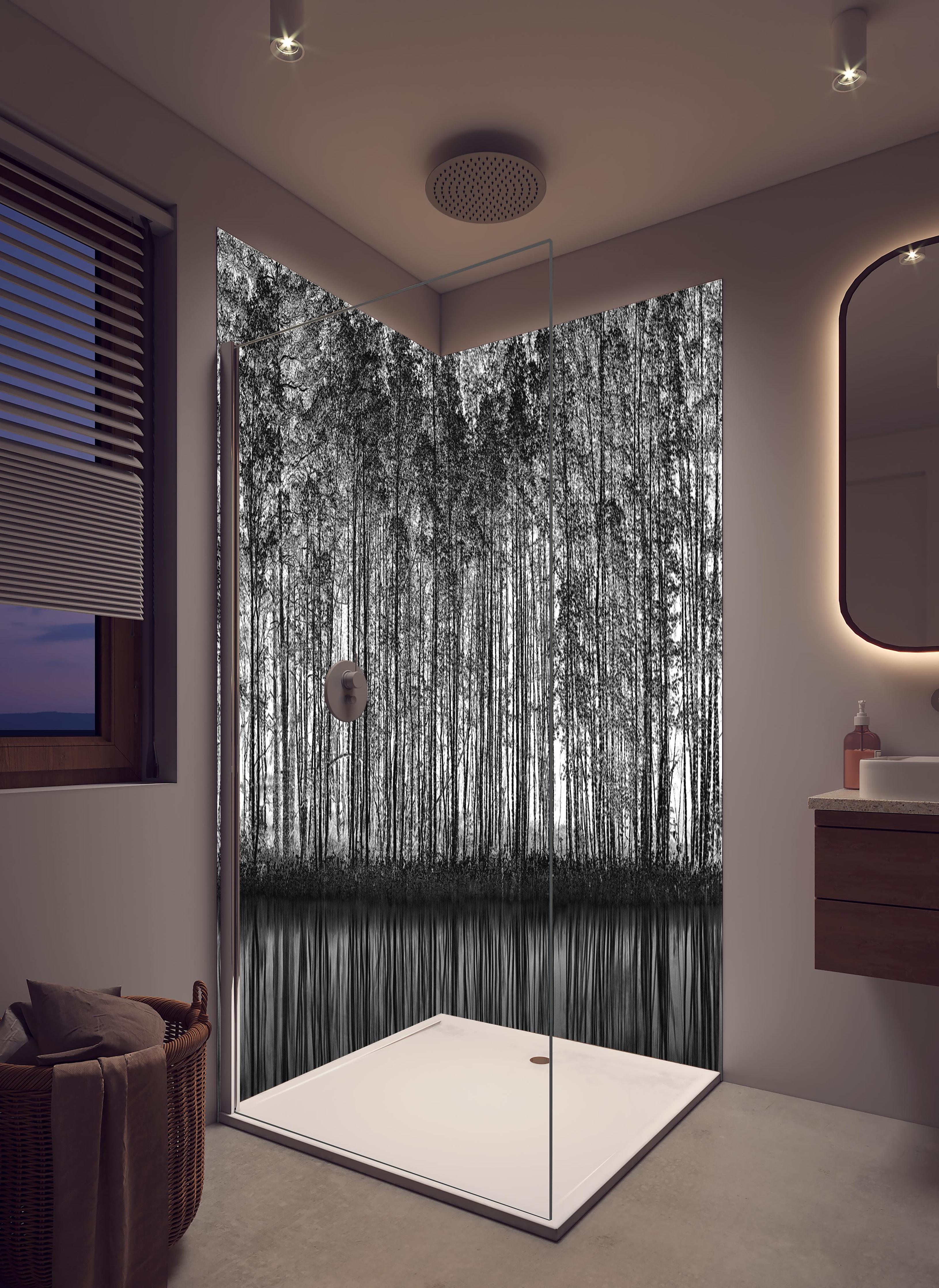 Duschrückwand - Ruhiger Wald - Wasser Reflektion in hellem Badezimmer mit Regenduschkopf - zweiteilige Eck-Duschrückwand