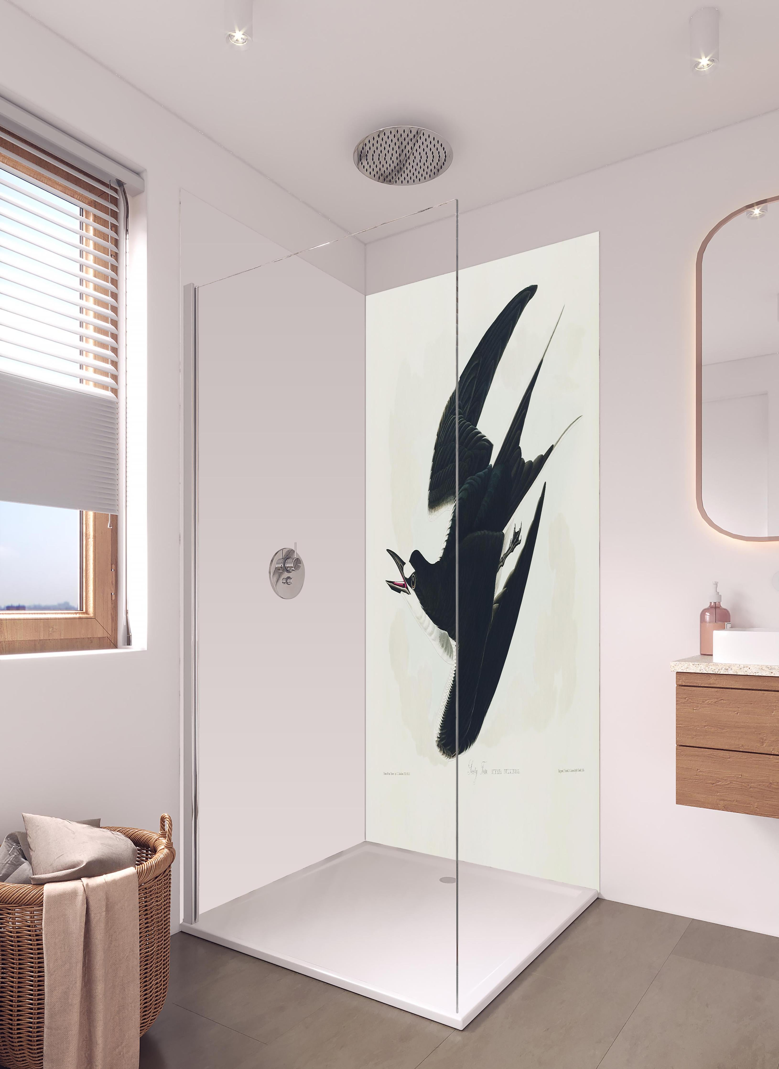 Duschrückwand - Rußseeschwalbe Portrait - John James Audubon in hellem Badezimmer mit Regenduschkopf - zweiteilige Eck-Duschrückwand