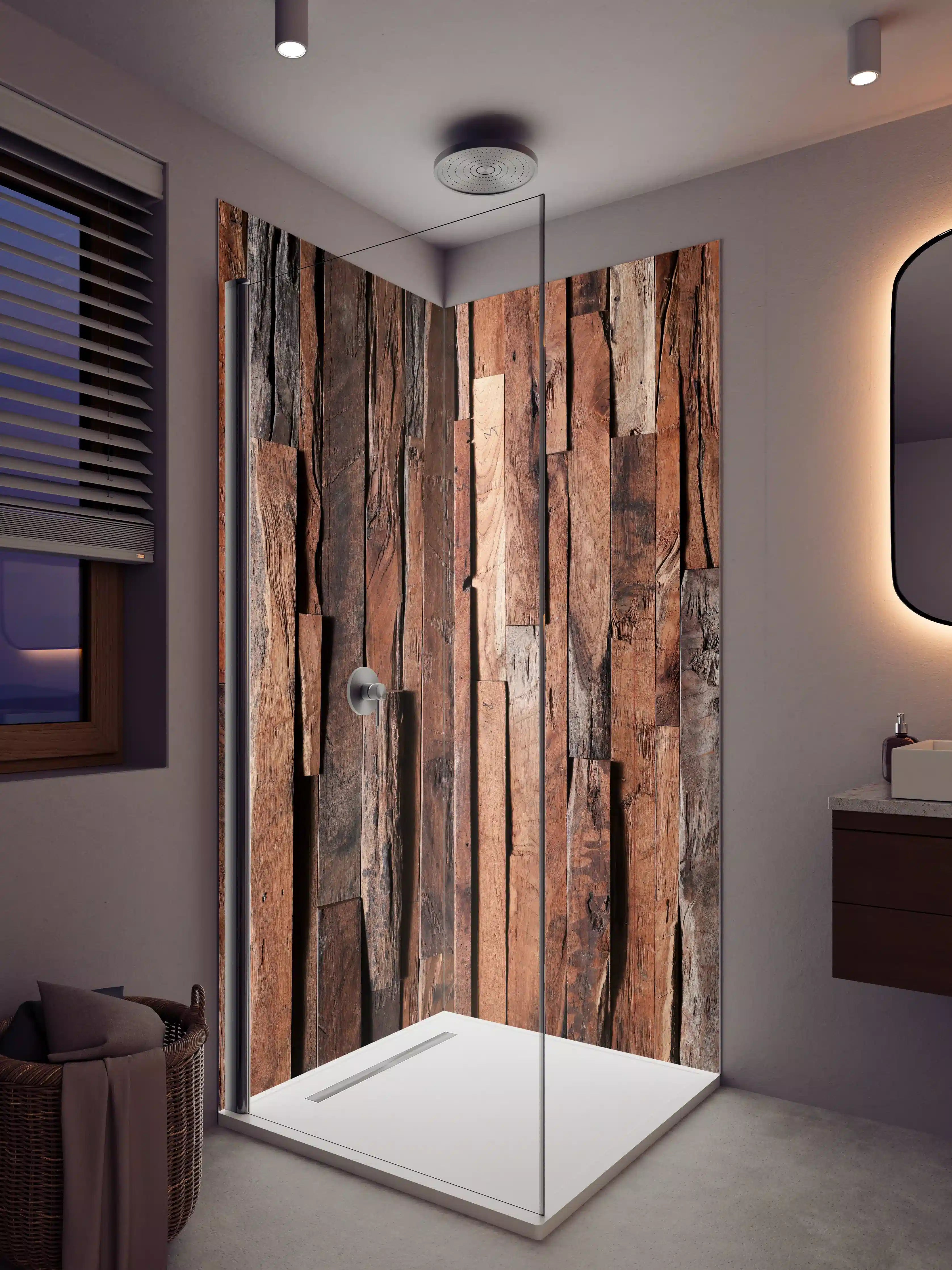 Duschrückwand - Rustikale Holzfliese mit warmen Braun- und Grautönen