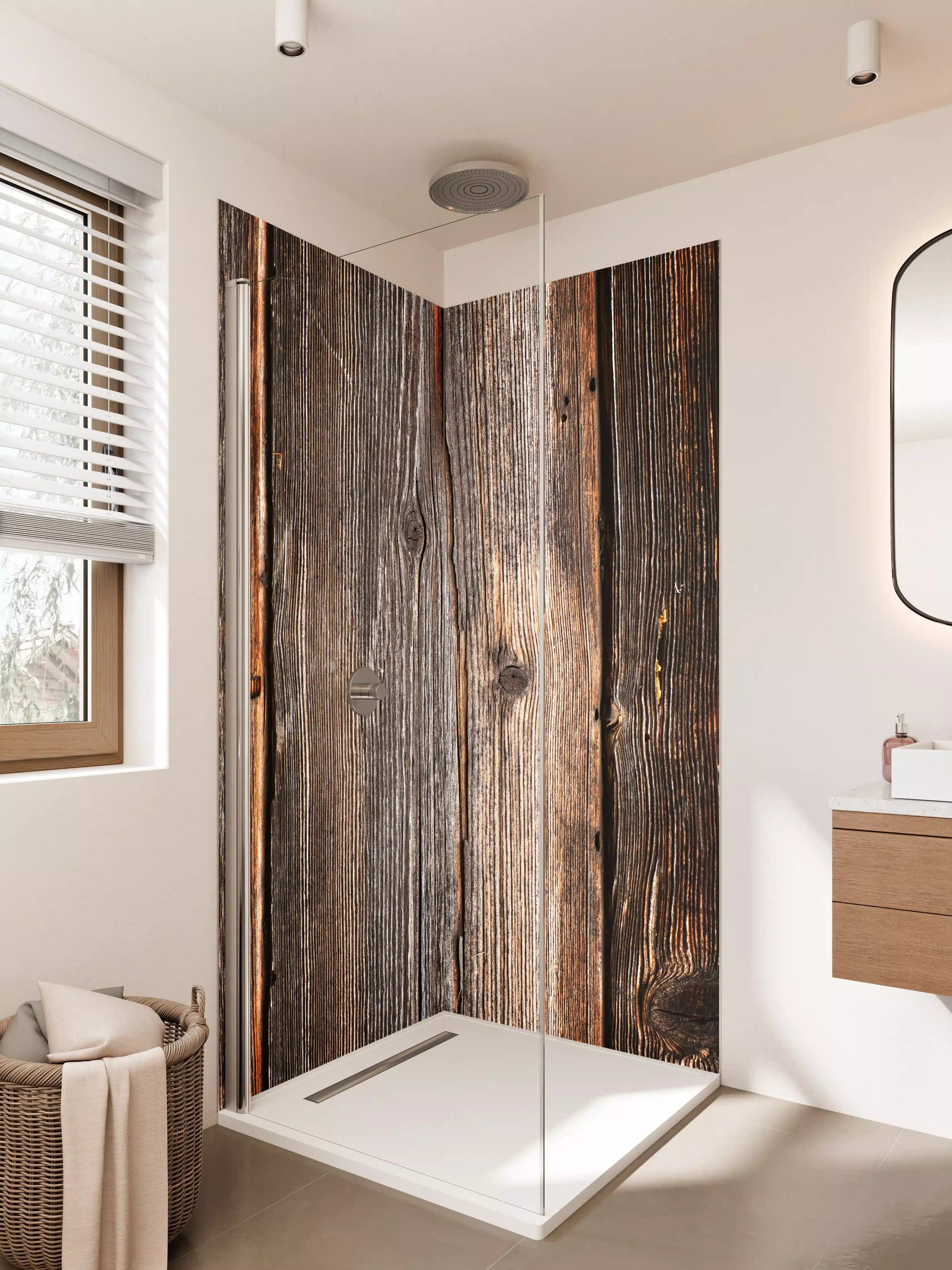 Duschrückwand - Rustikale Holzoptik in Dunkelbraun