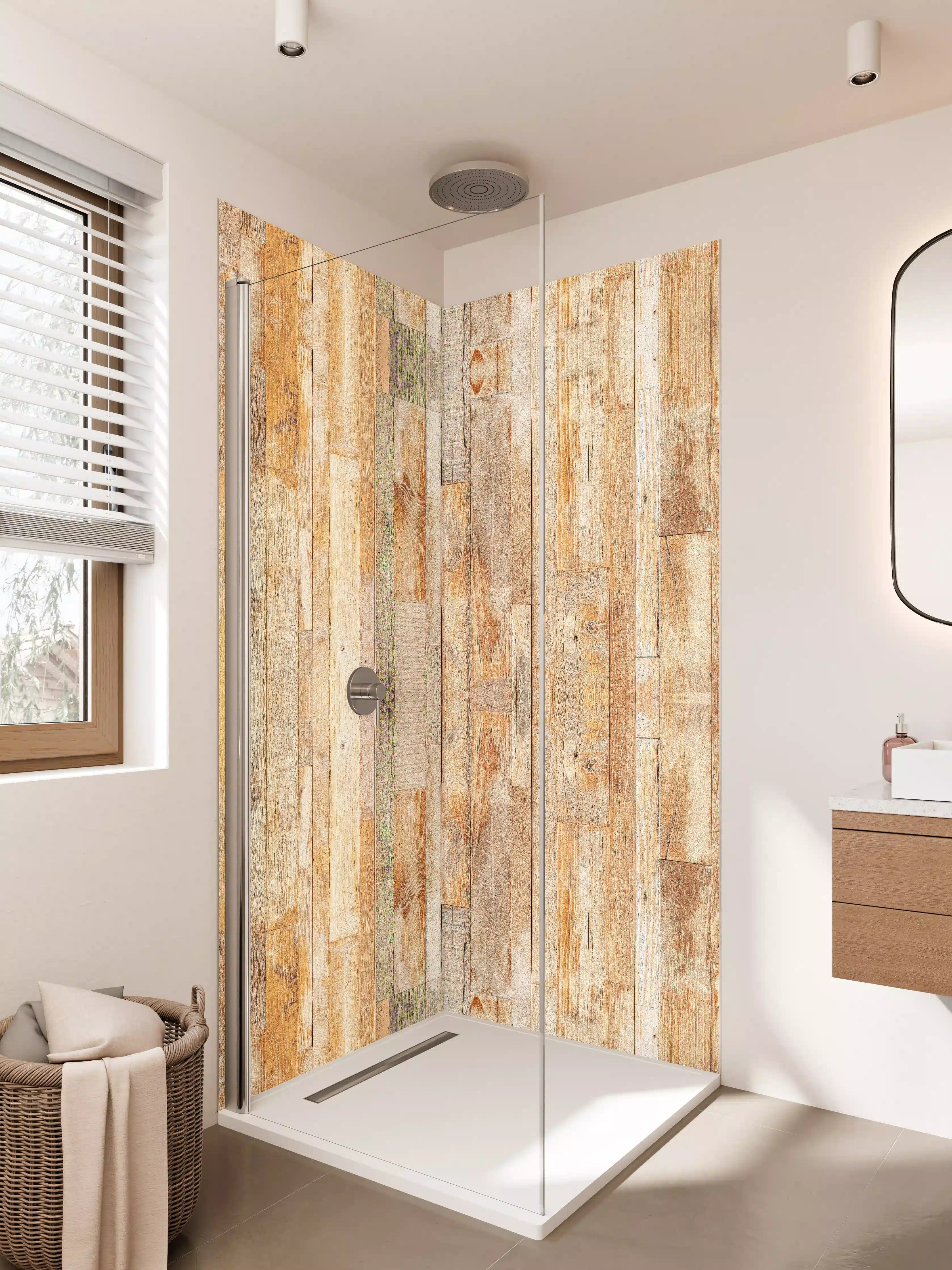 Duschrückwand - Rustikale Holzoptik mit warmen Naturtönen