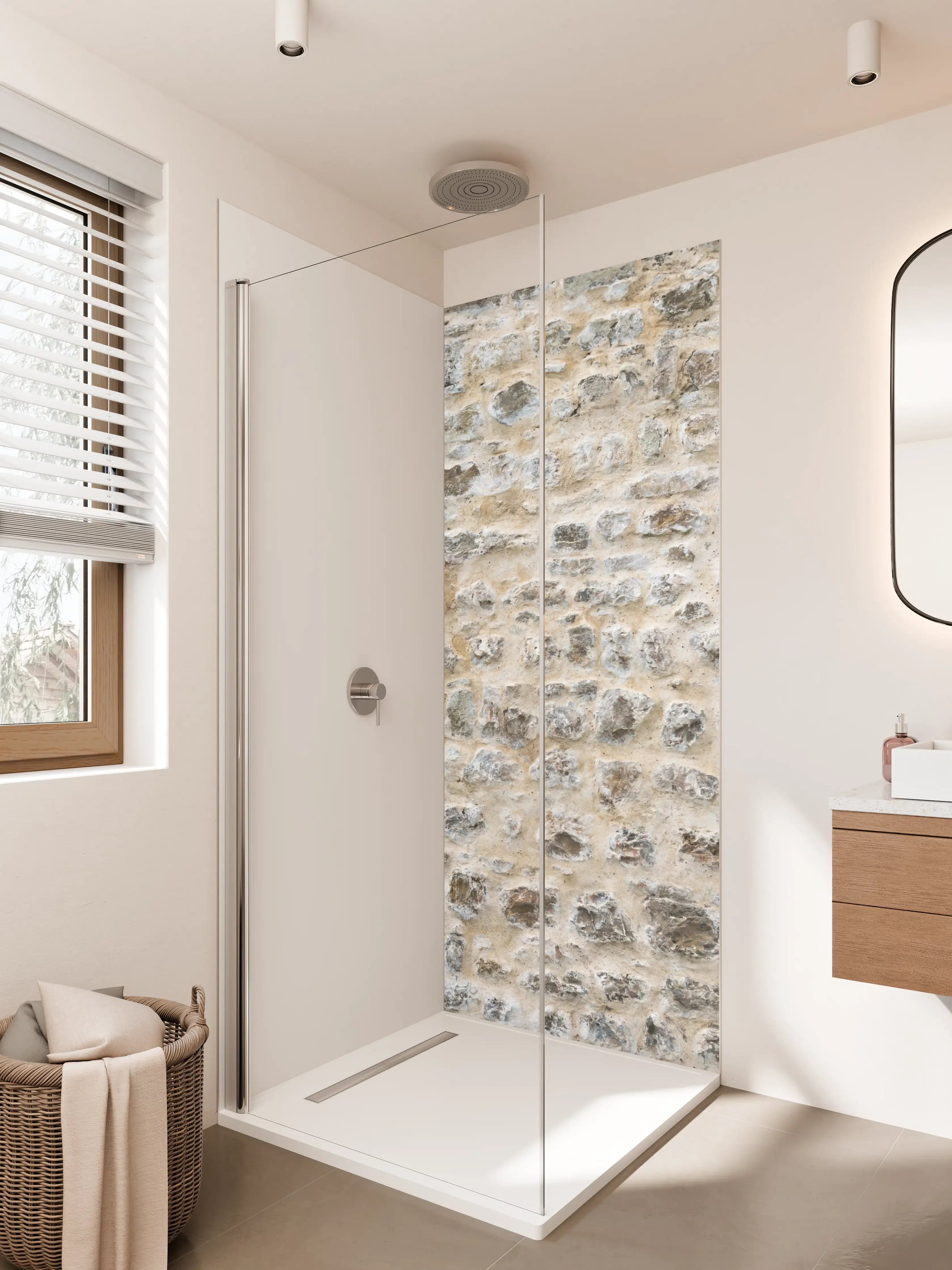 Duschrückwand - Rustikale Steinwand in beige Tönen