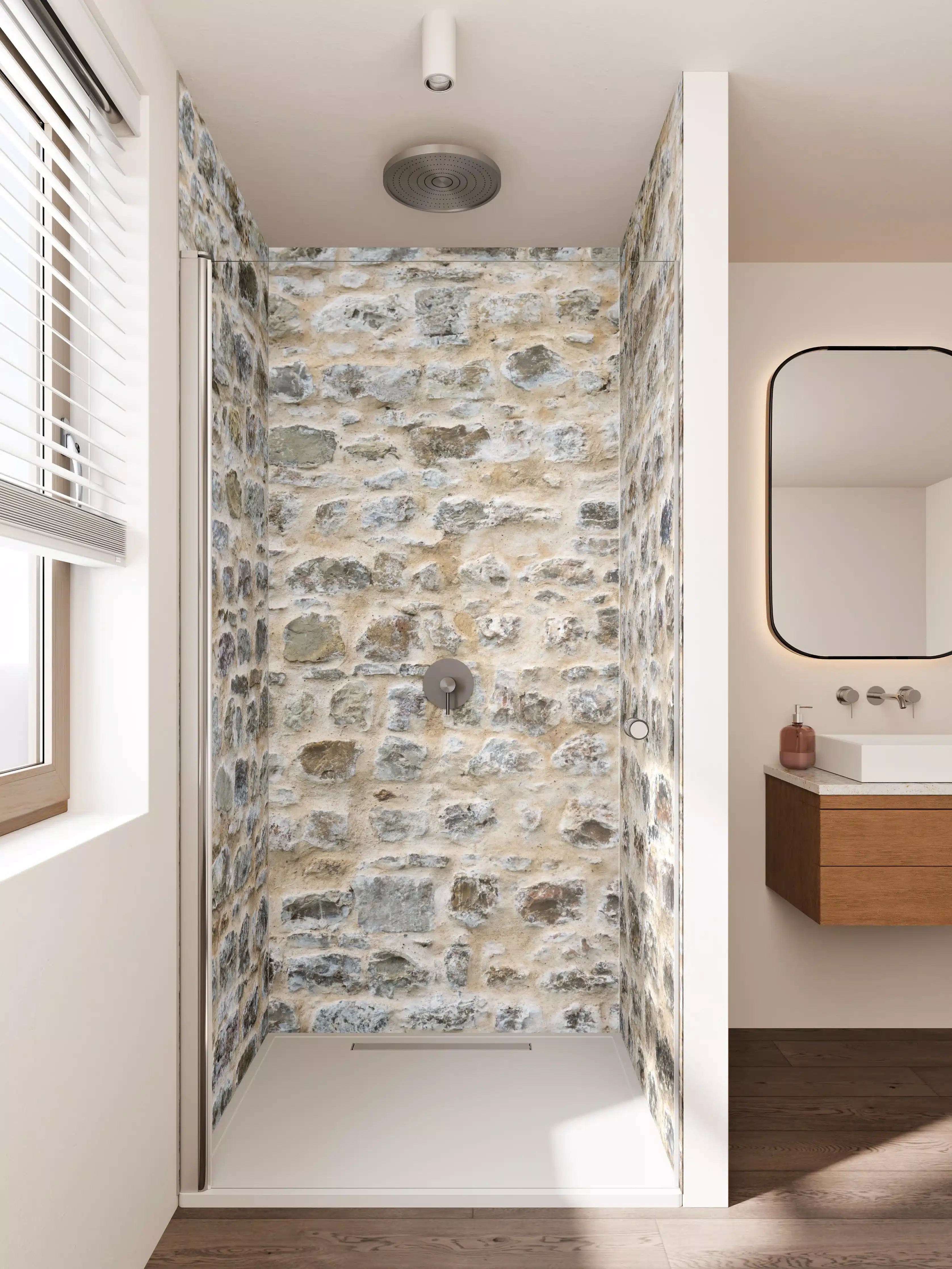 Duschrückwand - Rustikale Steinwand in beige Tönen