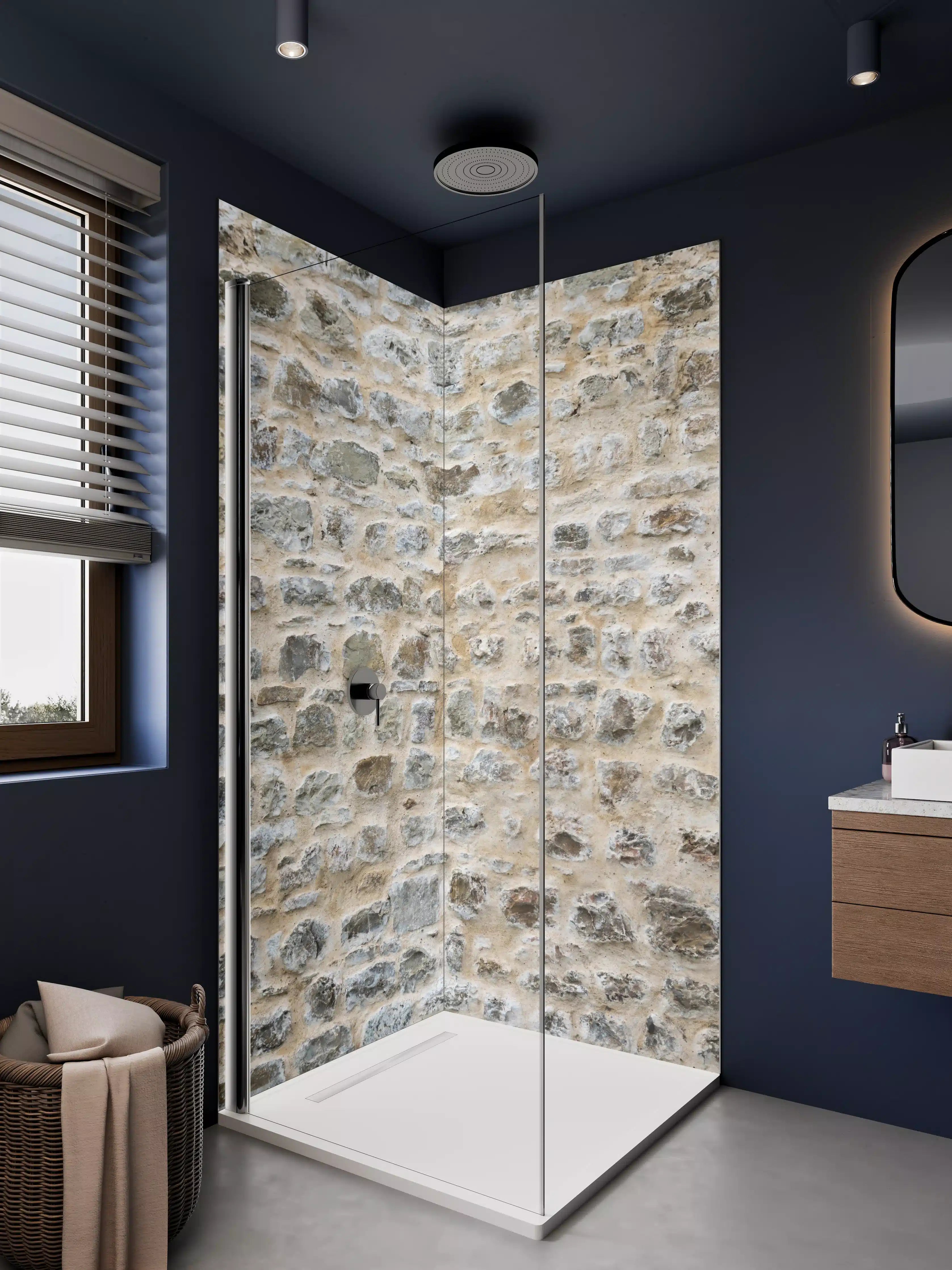 Duschrückwand - Rustikale Steinwand in beige Tönen