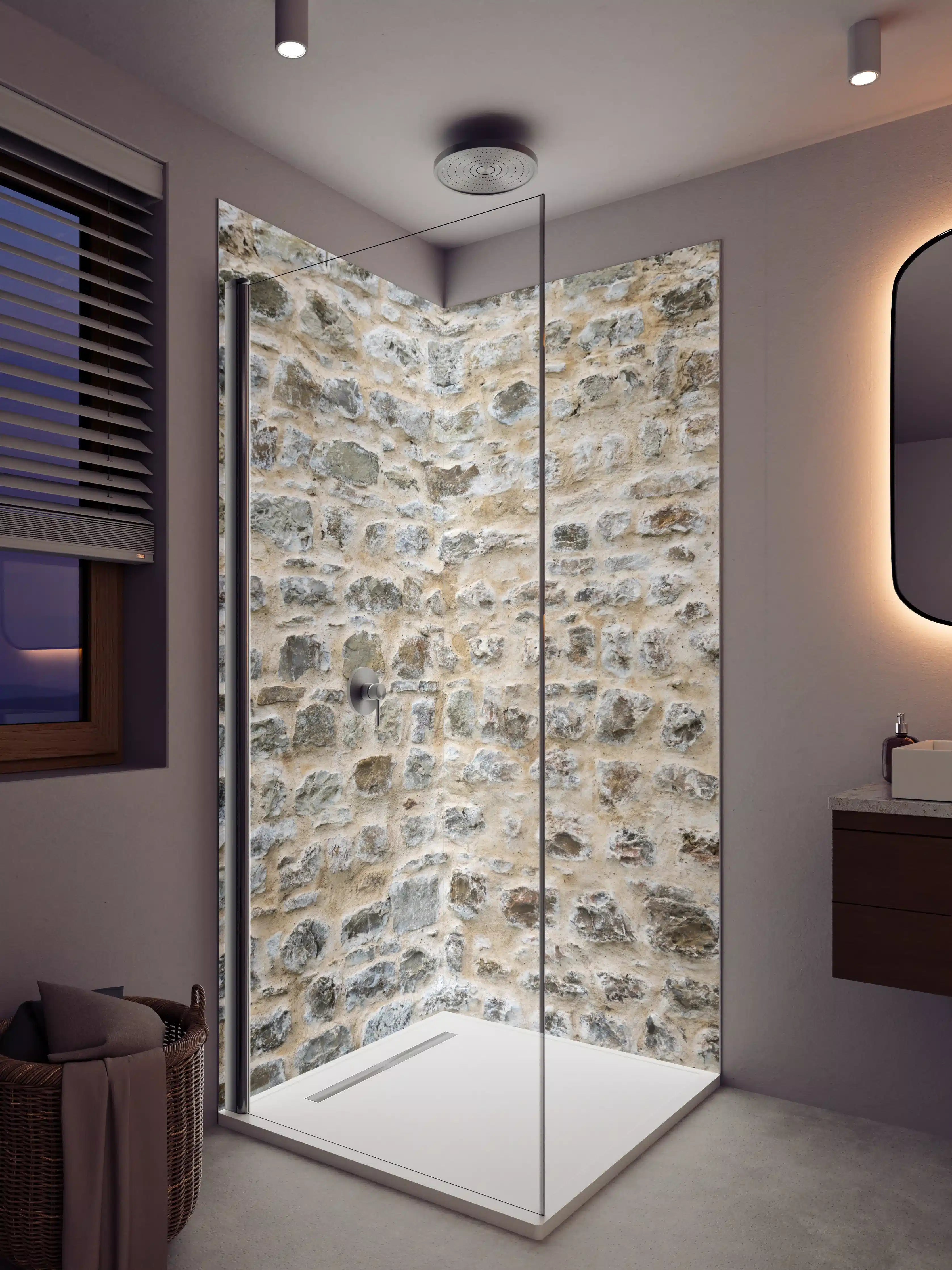 Duschrückwand - Rustikale Steinwand in beige Tönen