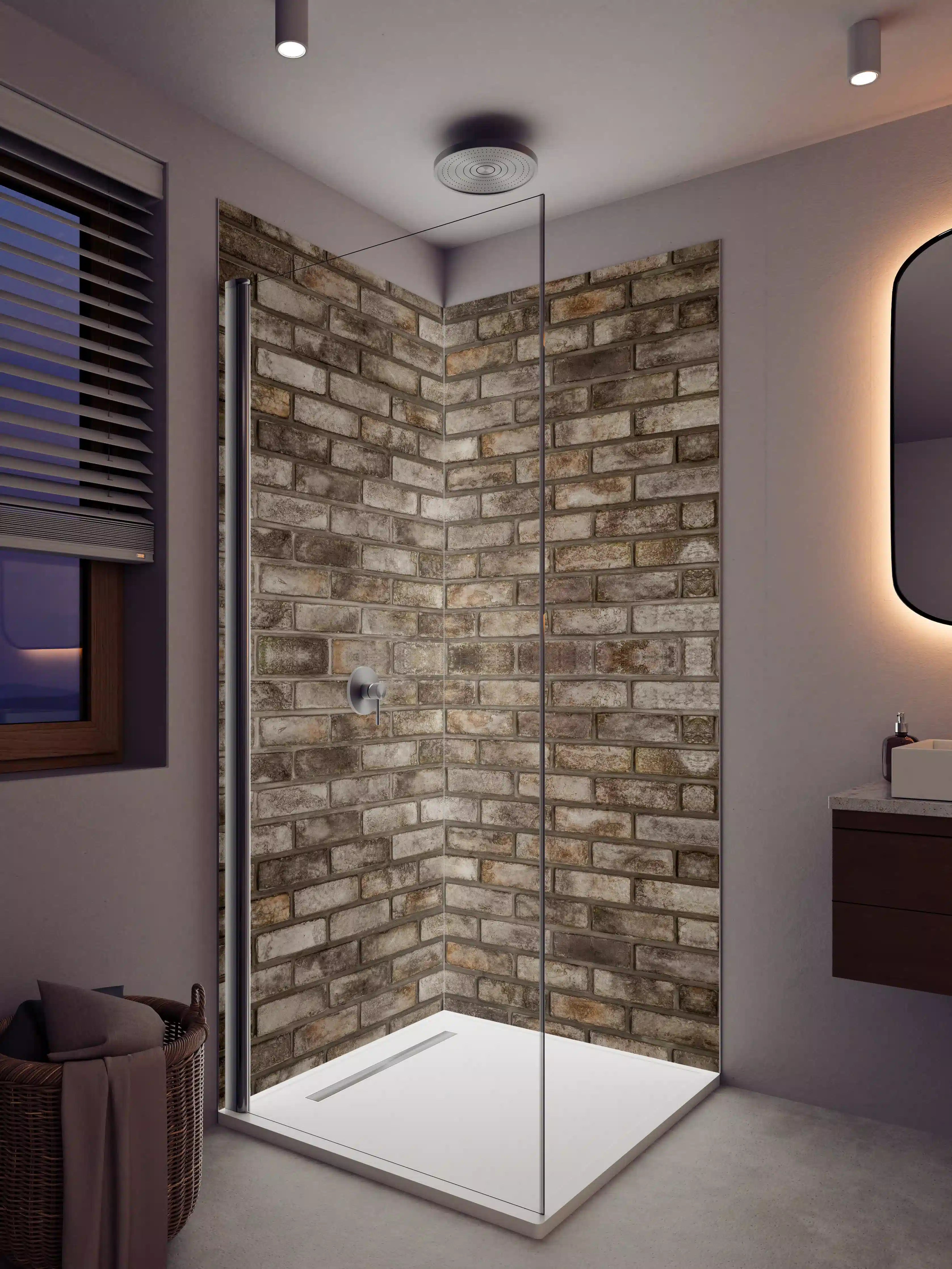 Duschrückwand - Rustikale Ziegelsteinwand, Braun Töne, Vintage-Look