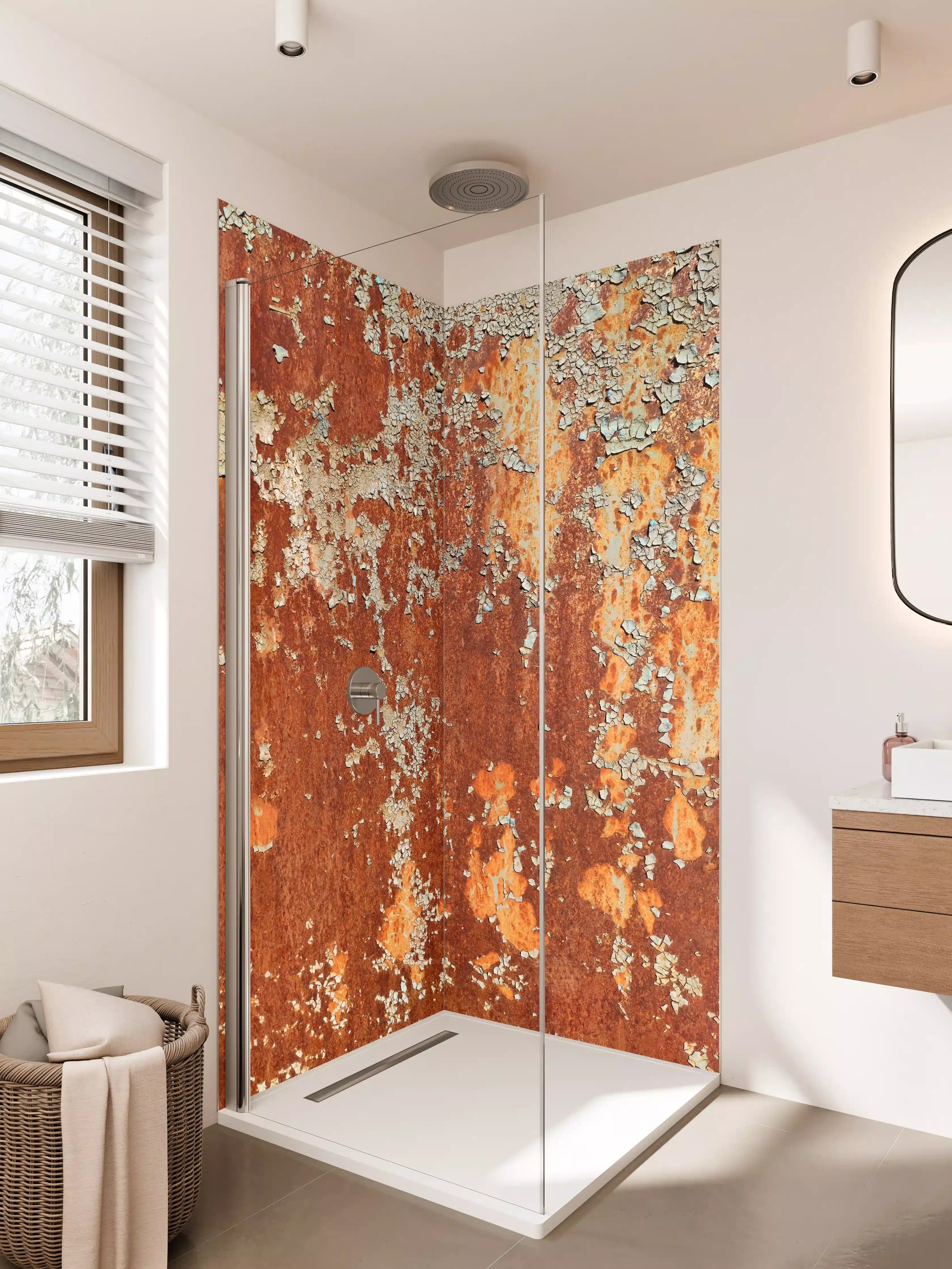 Duschrückwand - Rustikale, oxidierte Metalloberfläche mit Rosteffekt