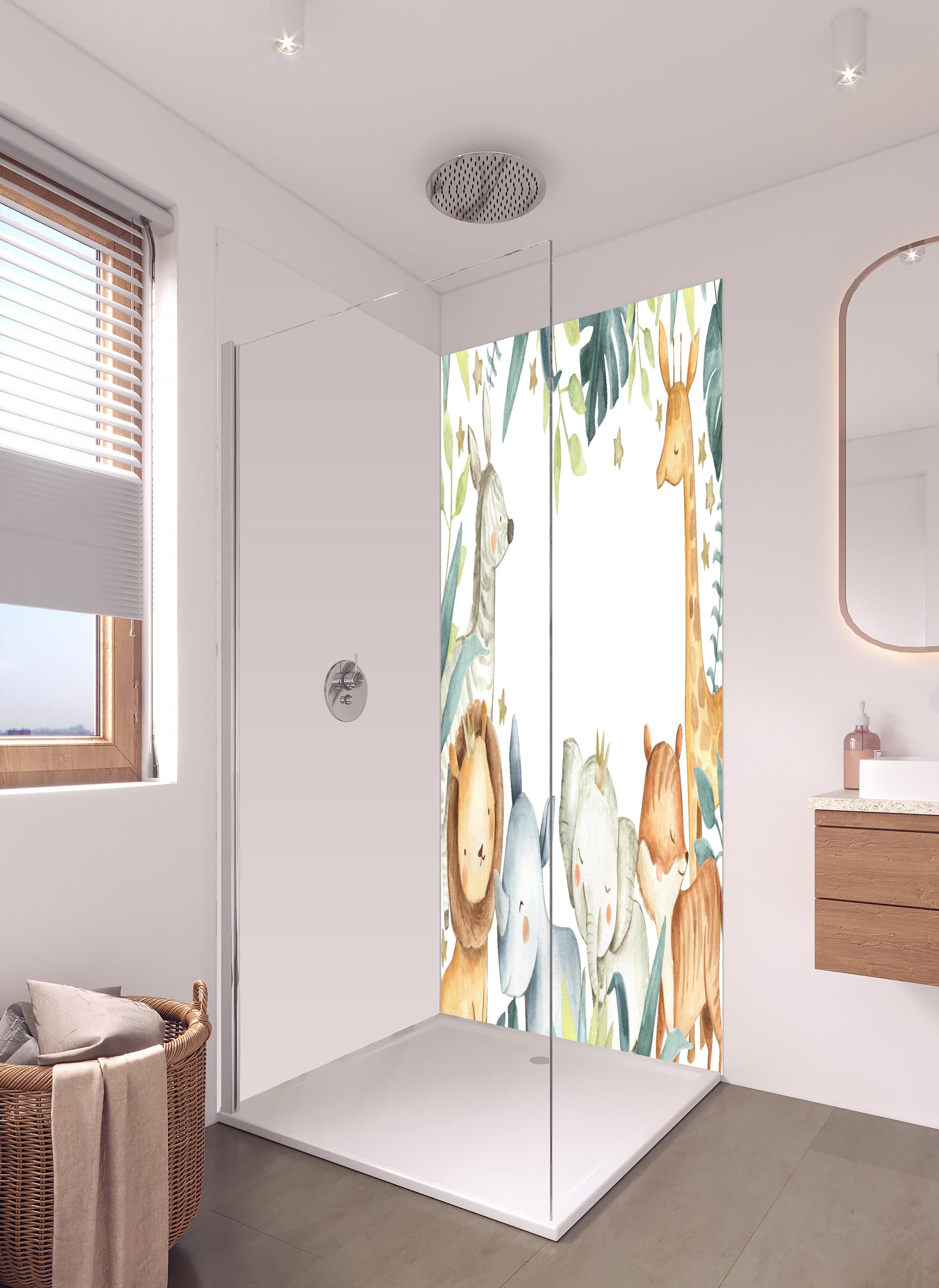 Duschrückwand - Safari Tiere Aquarell in hellem Badezimmer mit Regenduschkopf - zweiteilige Eck-Duschrückwand