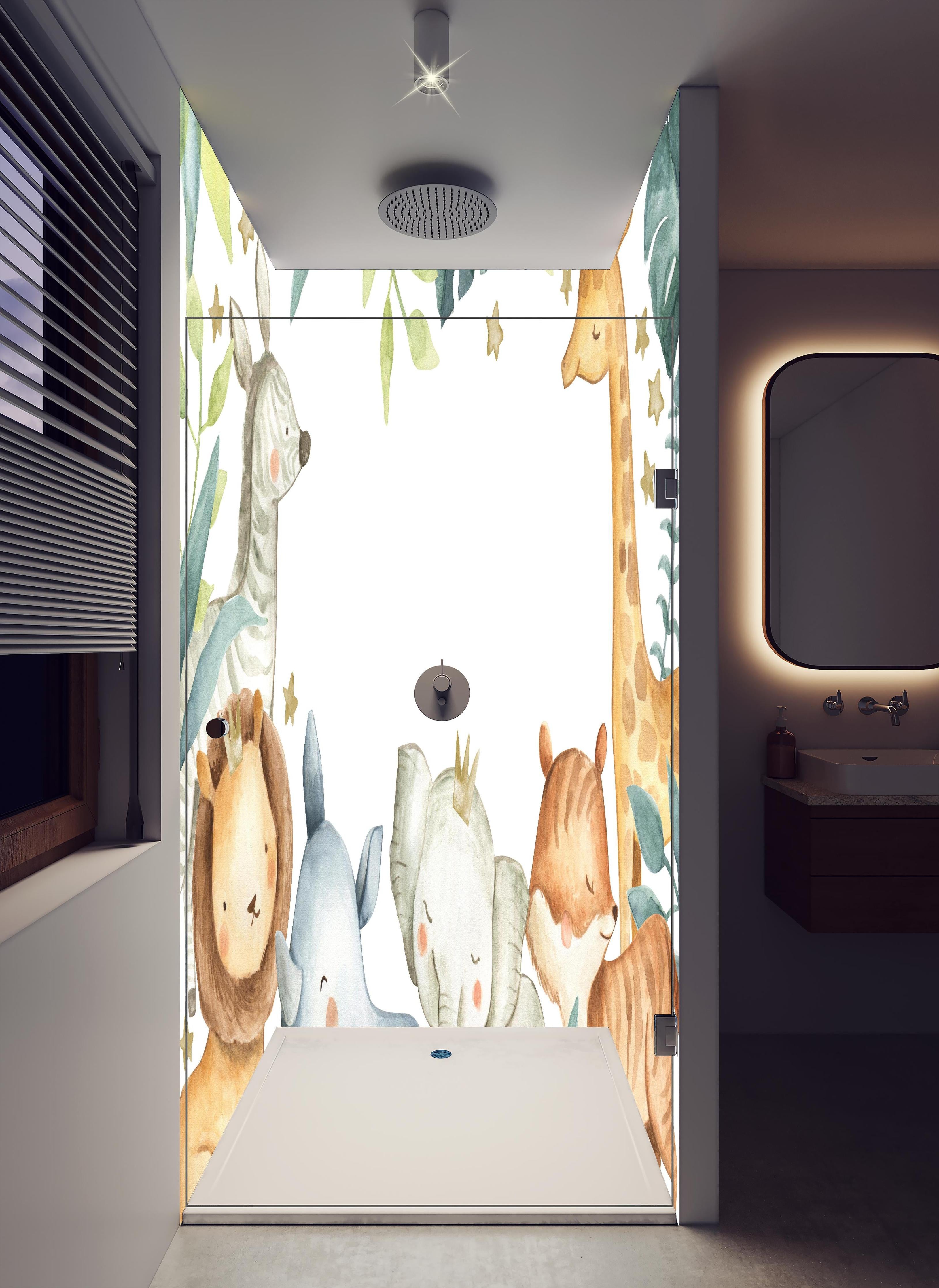 Duschrückwand - Safari Tiere Aquarell in hellem Badezimmer mit Regenduschkopf - zweiteilige Eck-Duschrückwand