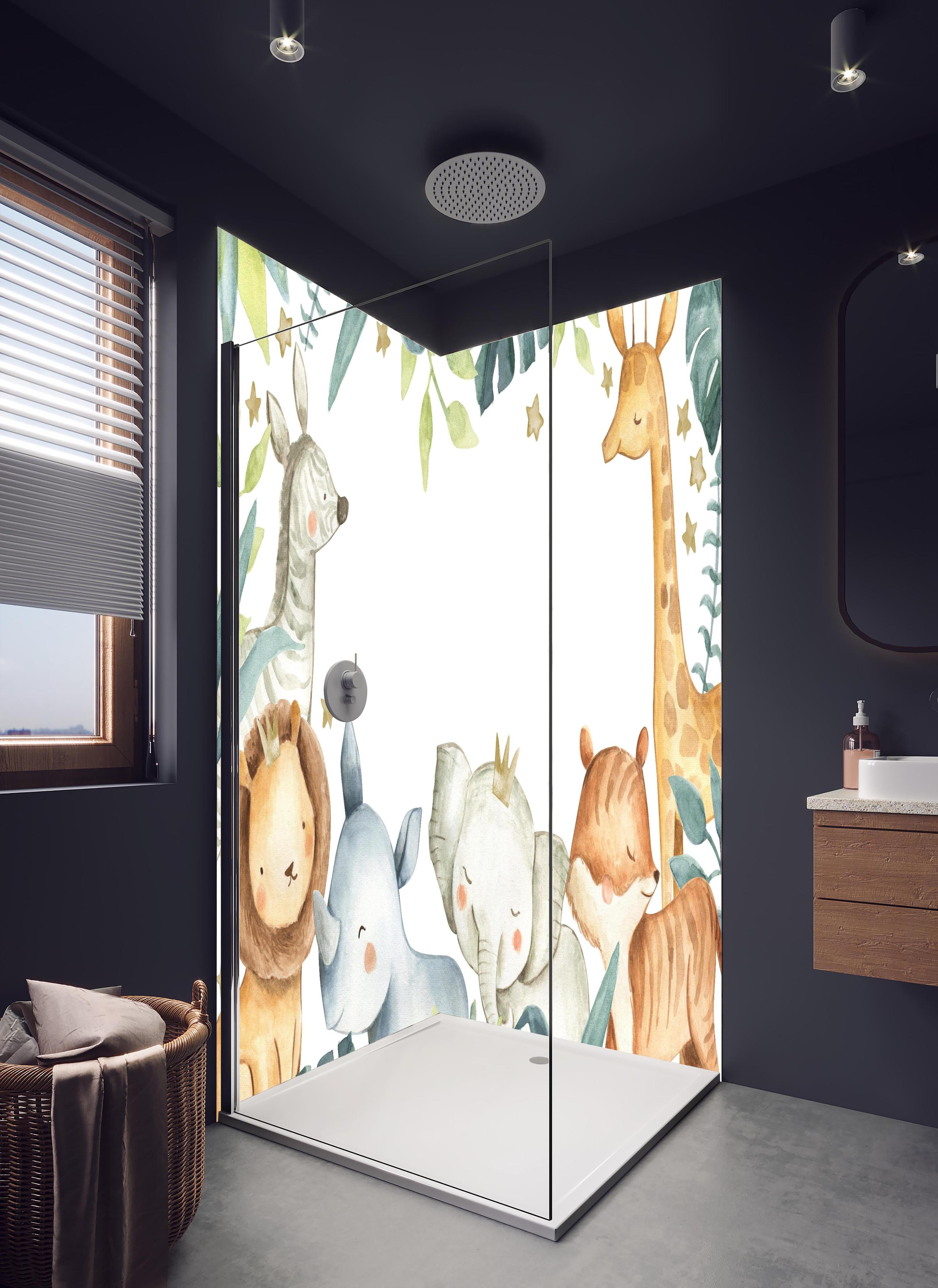 Duschrückwand - Safari Tiere Aquarell in hellem Badezimmer mit Regenduschkopf - zweiteilige Eck-Duschrückwand