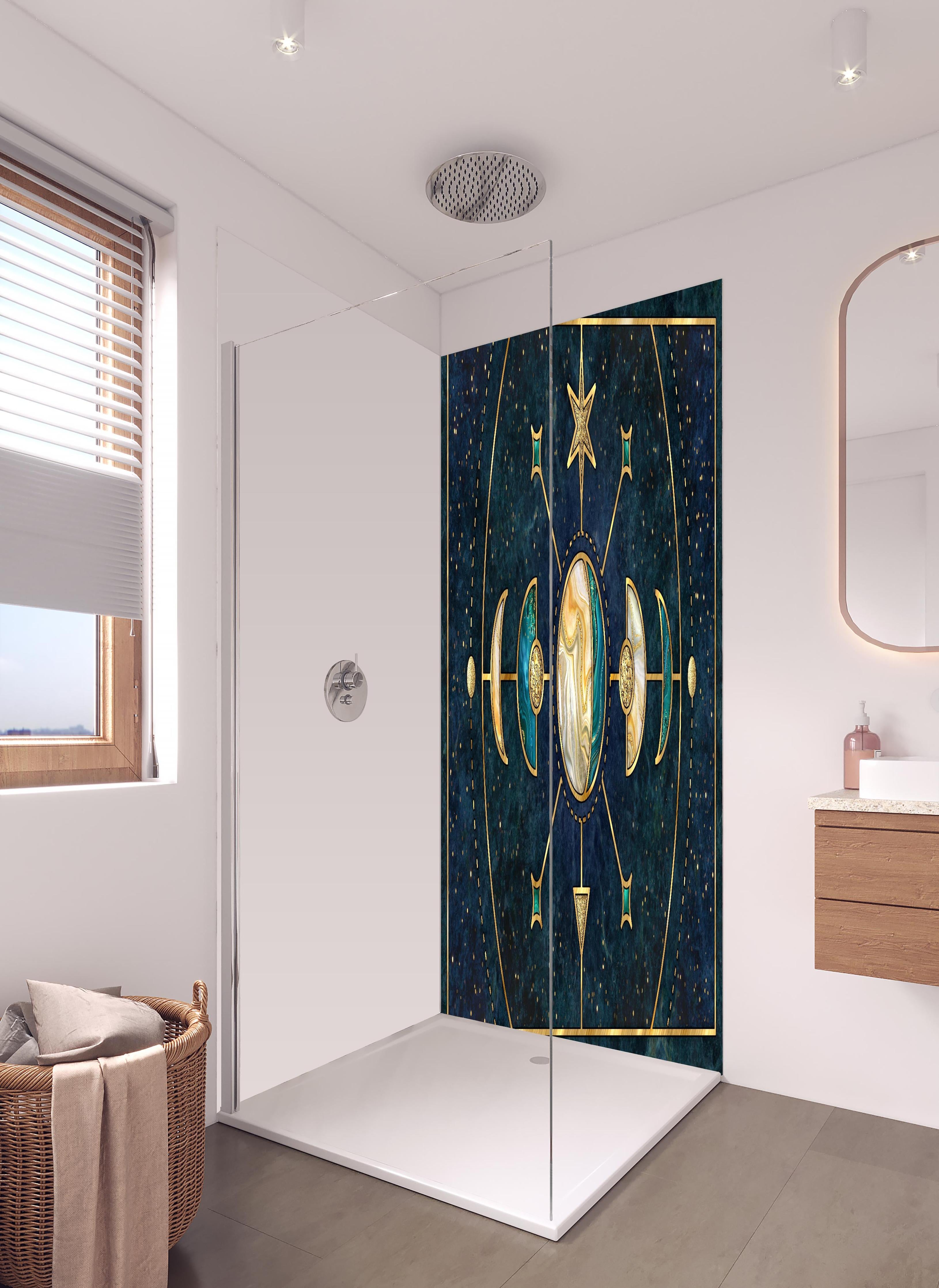 Duschrückwand - Sakrale Geometrie Goldene Himmelskörper in hellem Badezimmer mit Regenduschkopf - zweiteilige Eck-Duschrückwand
