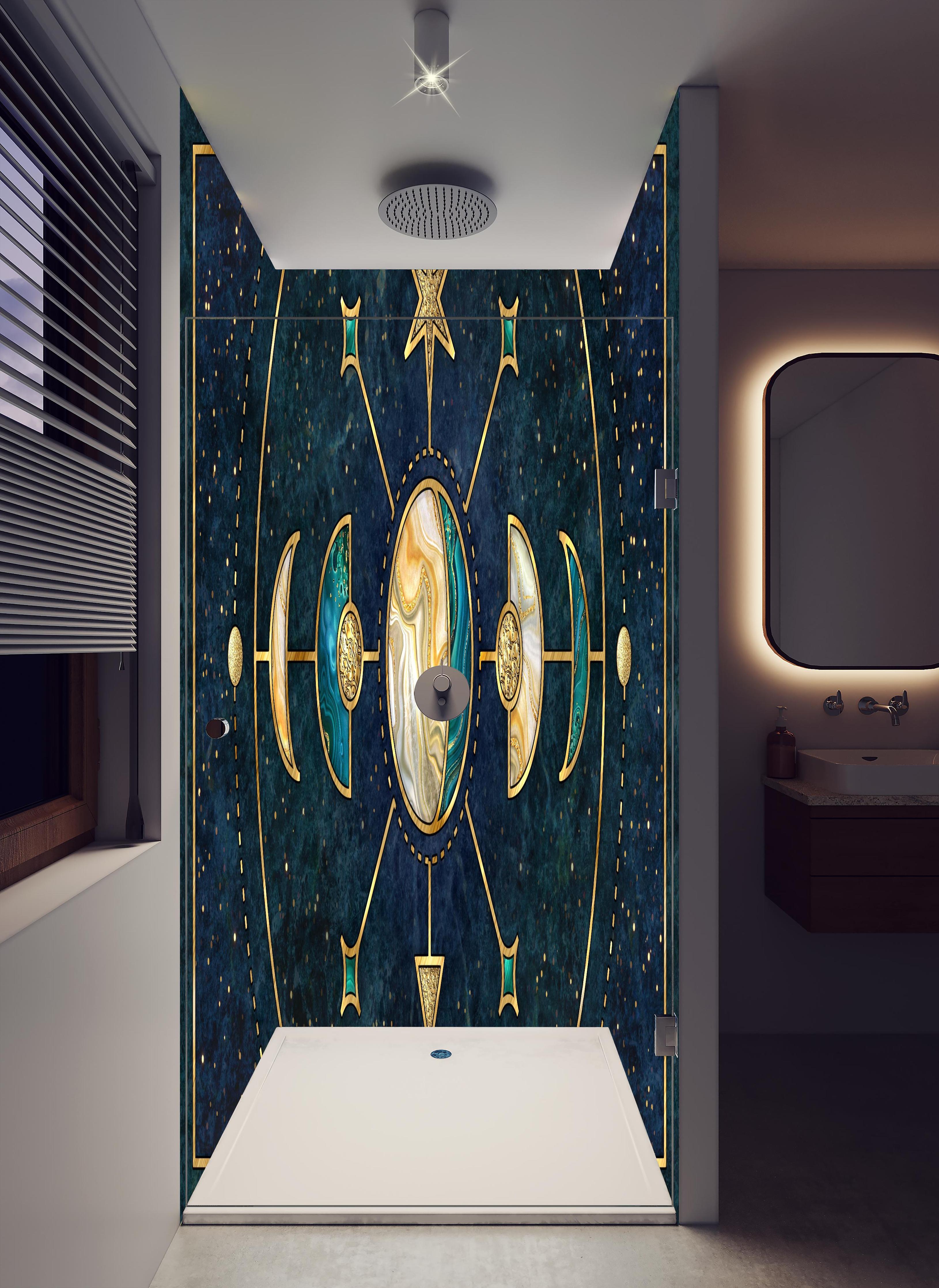 Duschrückwand - Sakrale Geometrie Goldene Himmelskörper in hellem Badezimmer mit Regenduschkopf - zweiteilige Eck-Duschrückwand