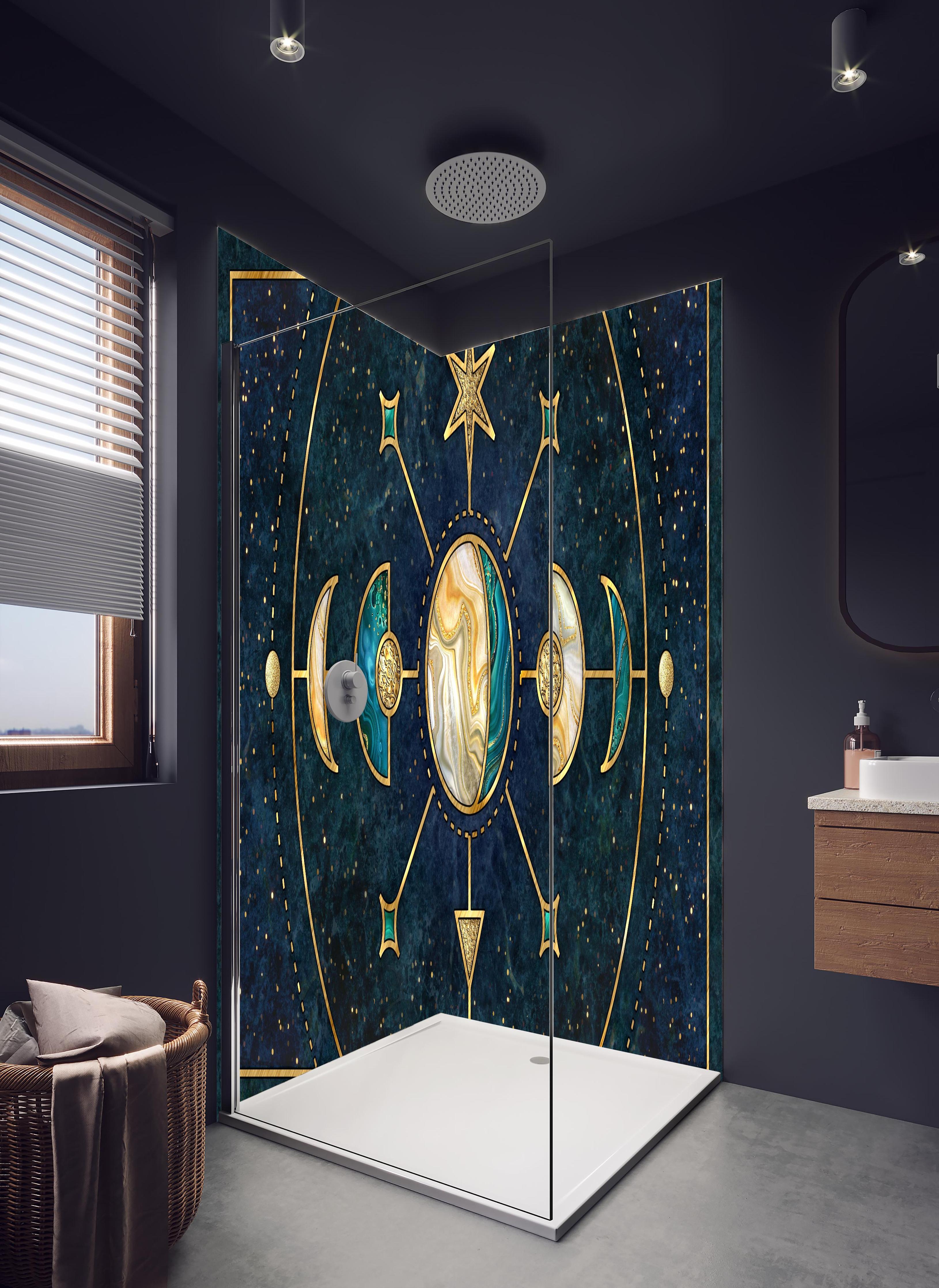 Duschrückwand - Sakrale Geometrie Goldene Himmelskörper in hellem Badezimmer mit Regenduschkopf - zweiteilige Eck-Duschrückwand