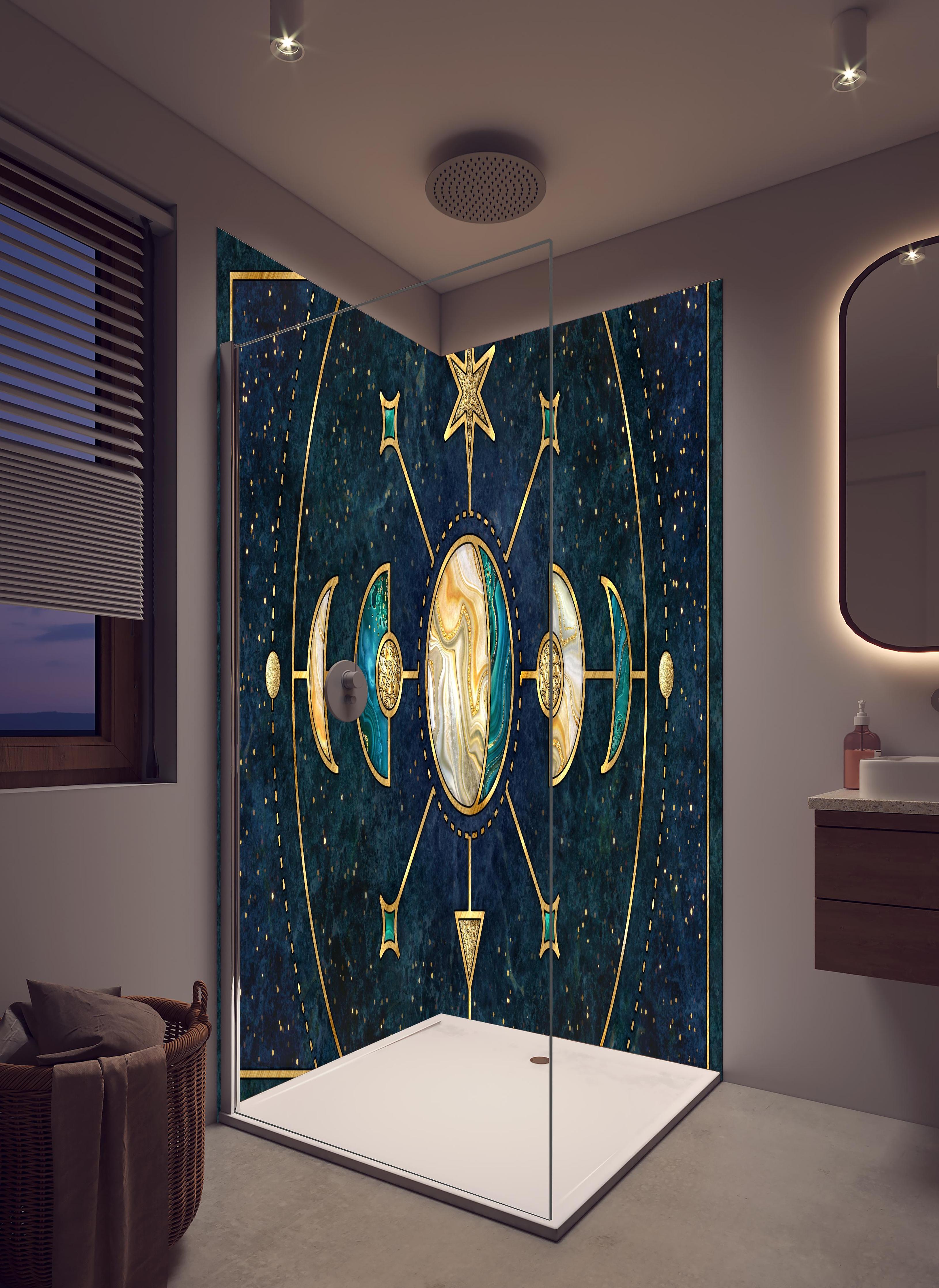 Duschrückwand - Sakrale Geometrie Goldene Himmelskörper in hellem Badezimmer mit Regenduschkopf - zweiteilige Eck-Duschrückwand