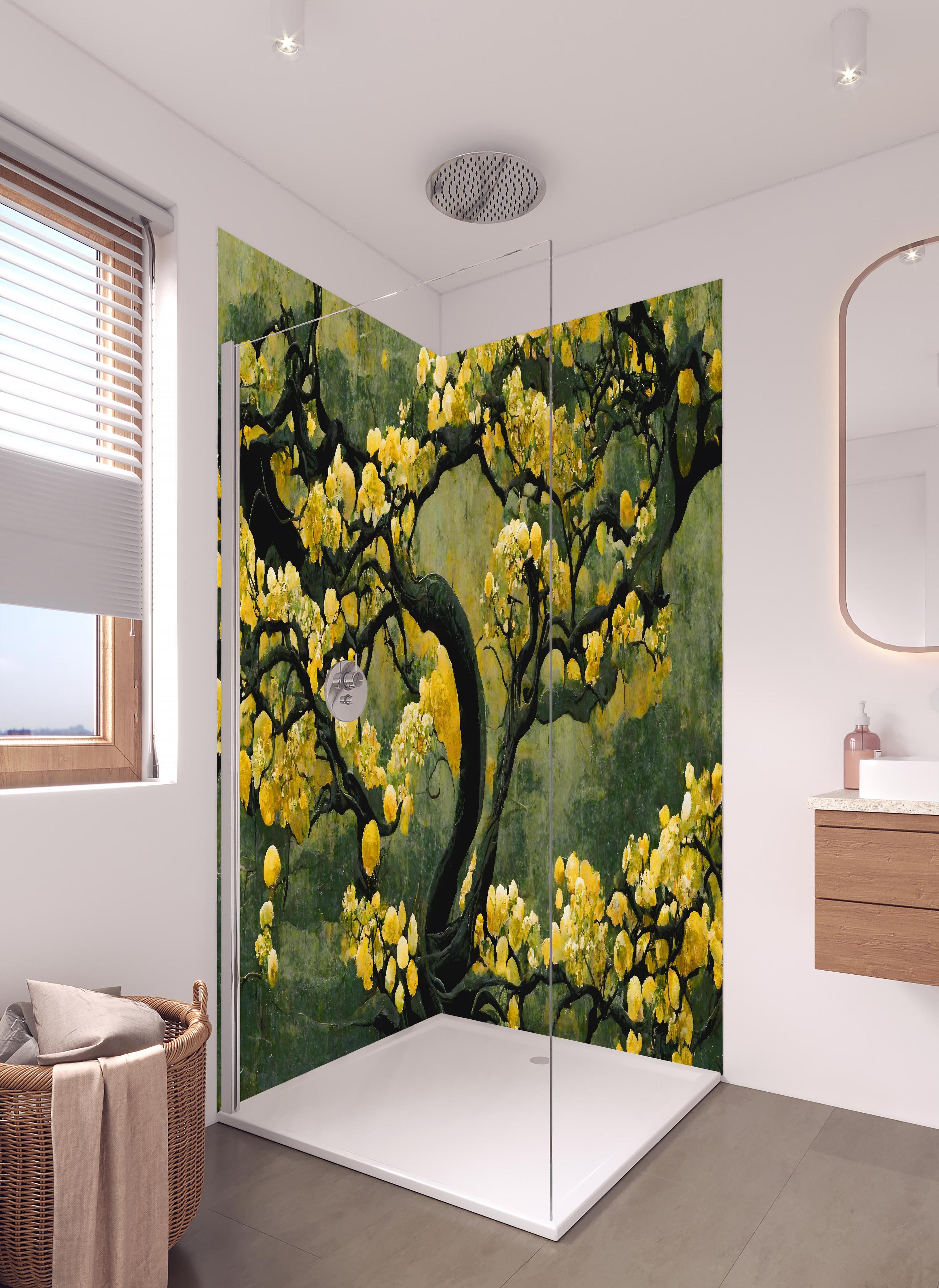 Duschrückwand - Sakura Baum - Japan in hellem Badezimmer mit Regenduschkopf - zweiteilige Eck-Duschrückwand