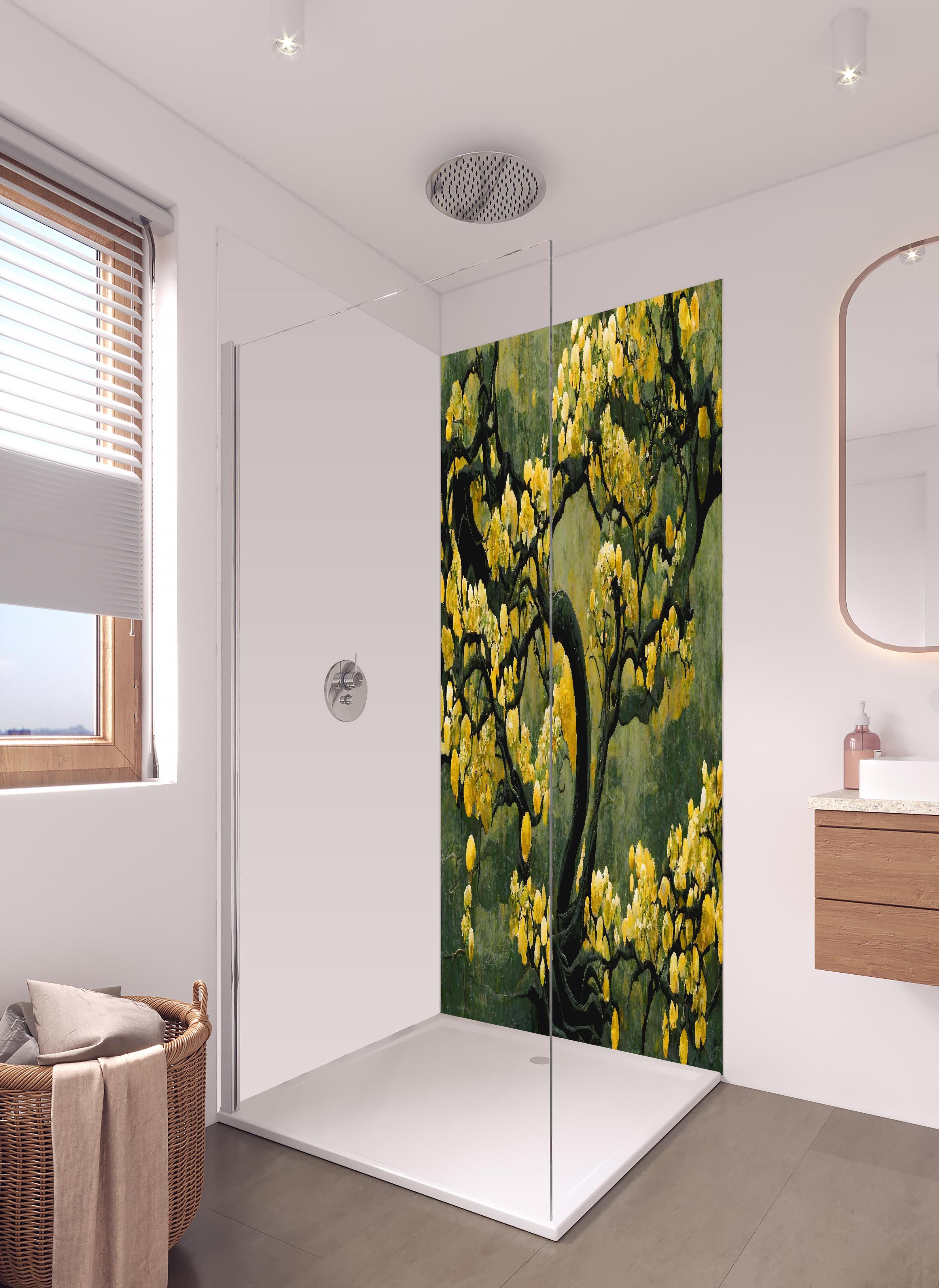 Duschrückwand - Sakura Baum - Japan in hellem Badezimmer mit Regenduschkopf - zweiteilige Eck-Duschrückwand