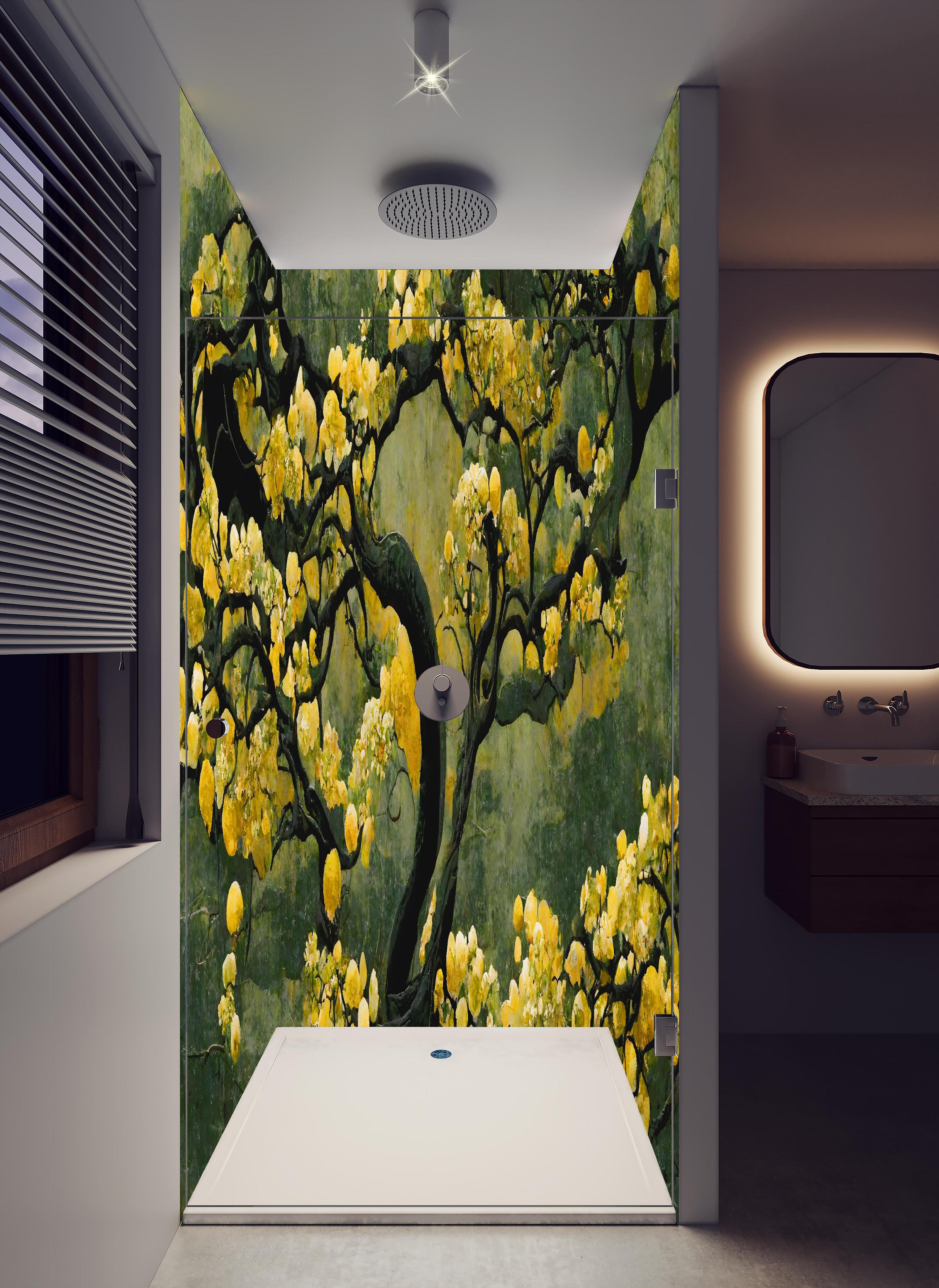 Duschrückwand - Sakura Baum - Japan in hellem Badezimmer mit Regenduschkopf - zweiteilige Eck-Duschrückwand