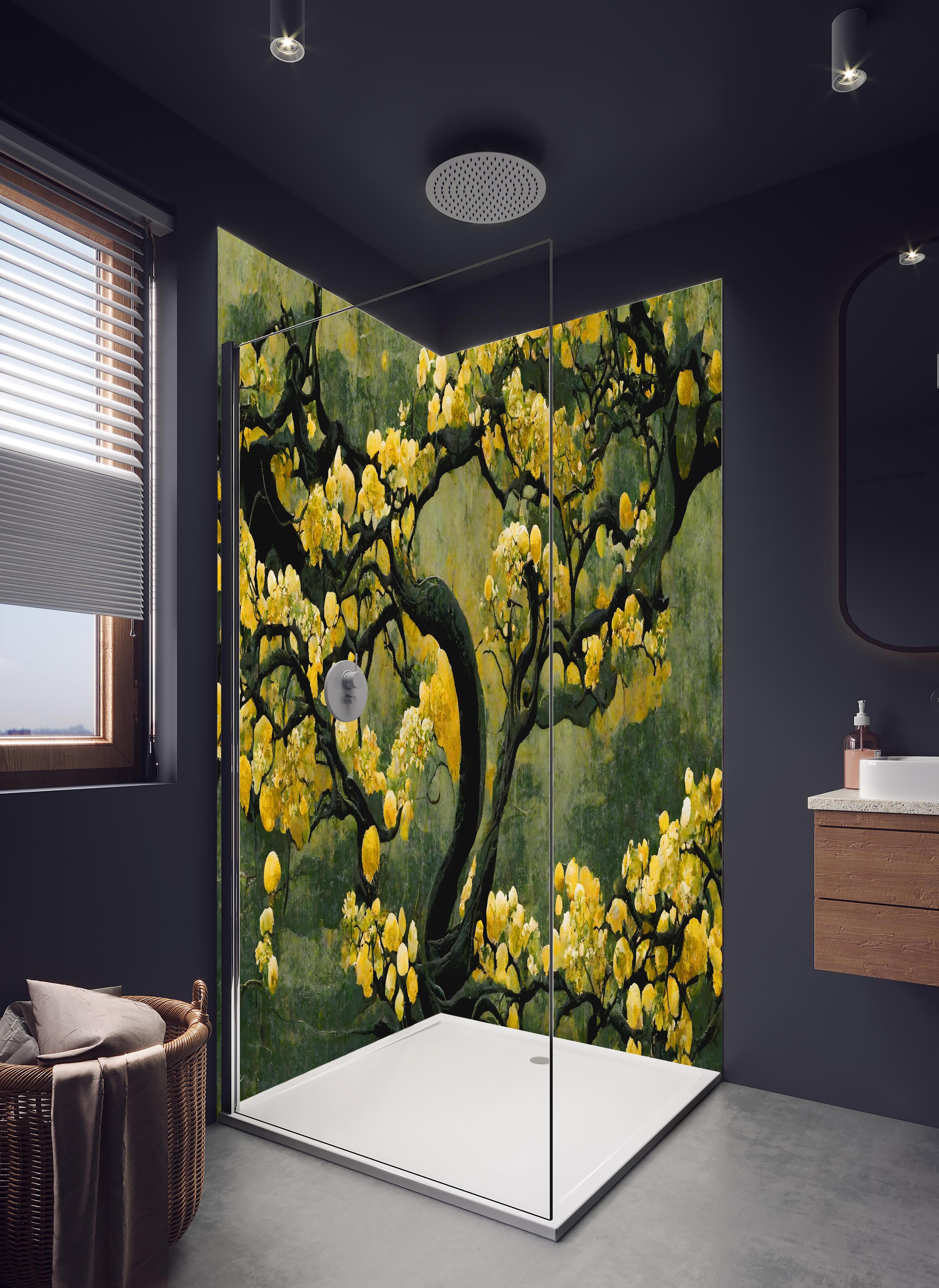 Duschrückwand - Sakura Baum - Japan in hellem Badezimmer mit Regenduschkopf - zweiteilige Eck-Duschrückwand