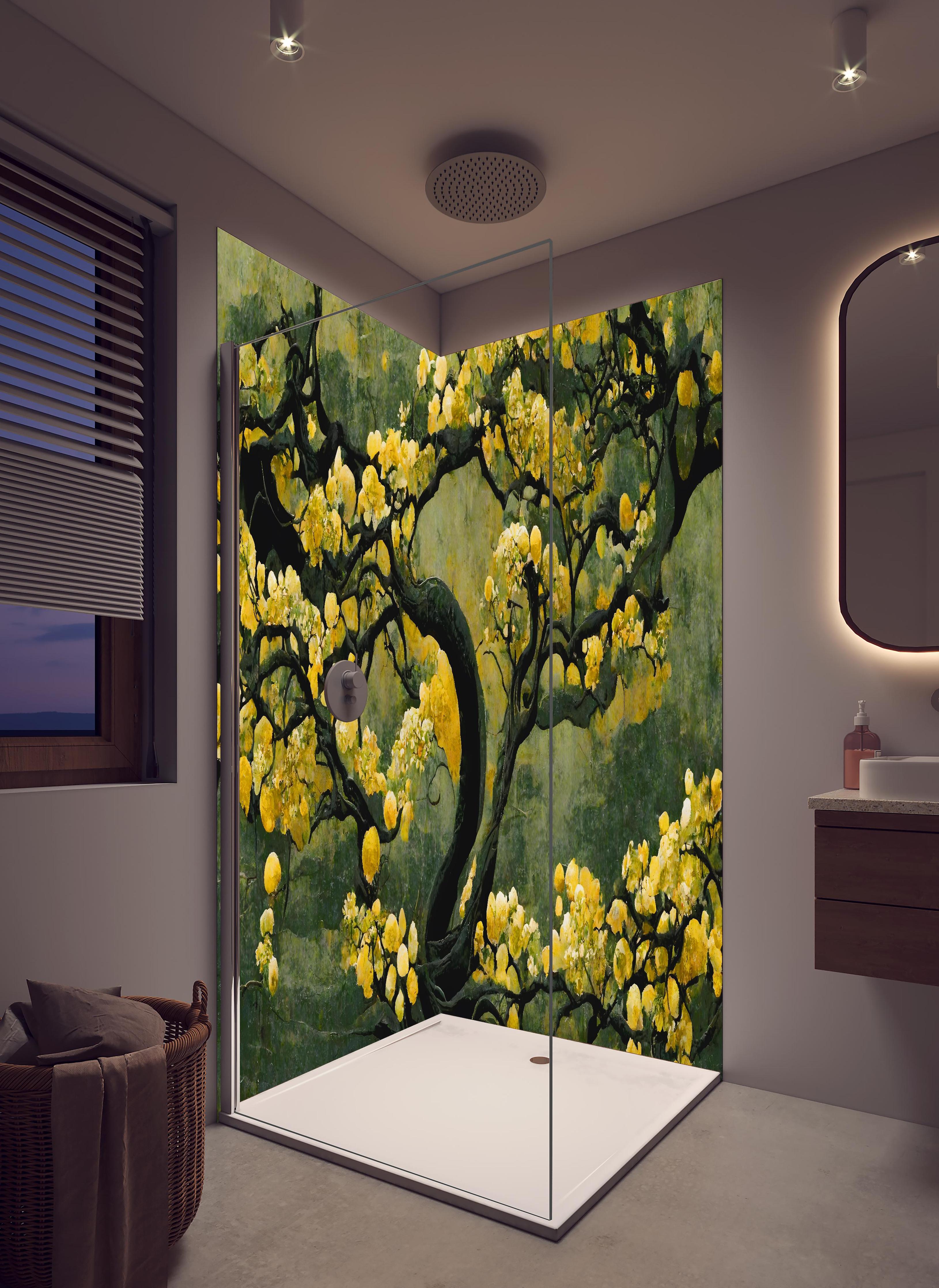 Duschrückwand - Sakura Baum - Japan in hellem Badezimmer mit Regenduschkopf - zweiteilige Eck-Duschrückwand