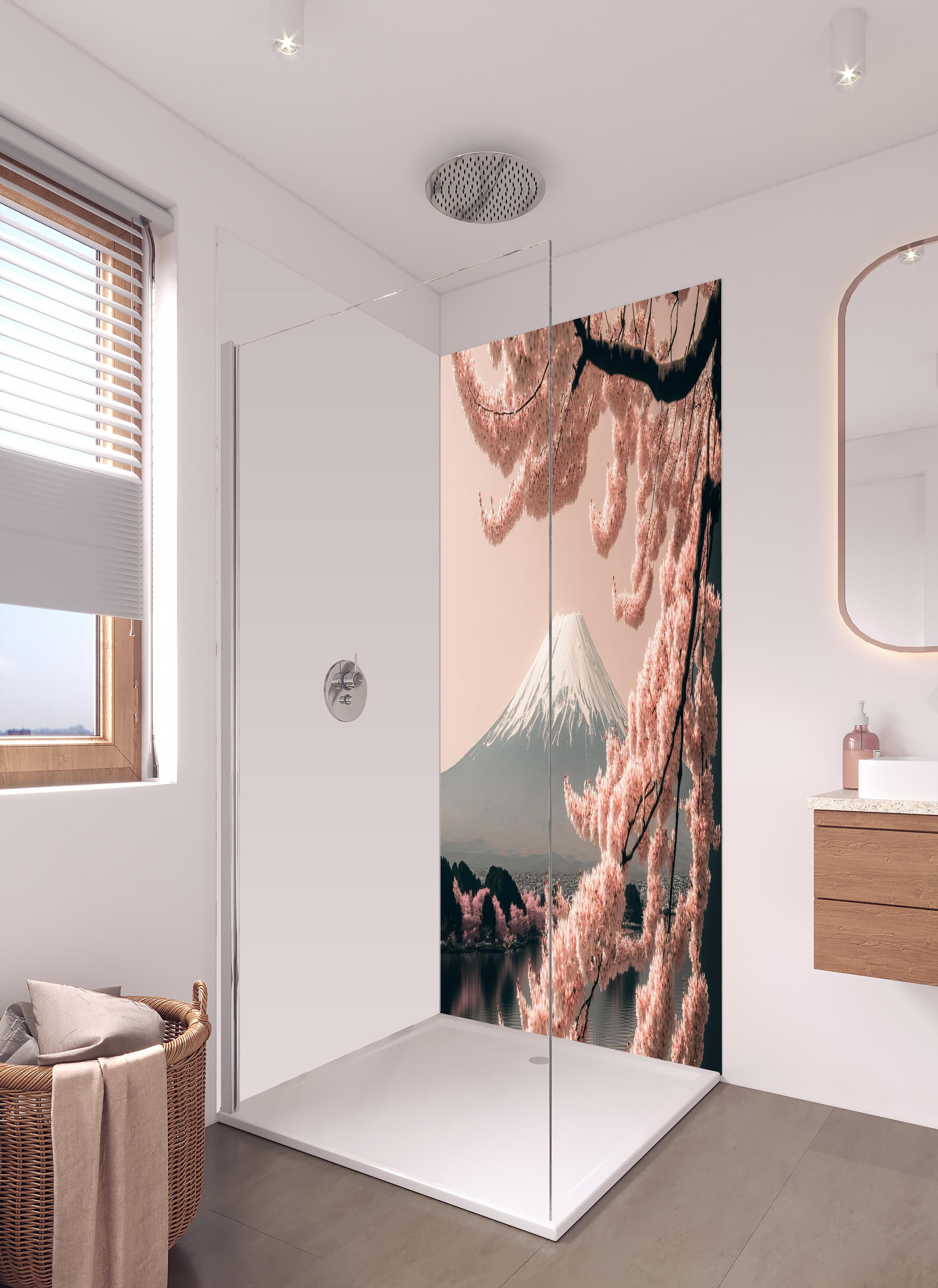 Duschrückwand - Sakura Baum mit Fuji Berg im Hintergrund in hellem Badezimmer mit Regenduschkopf - zweiteilige Eck-Duschrückwand